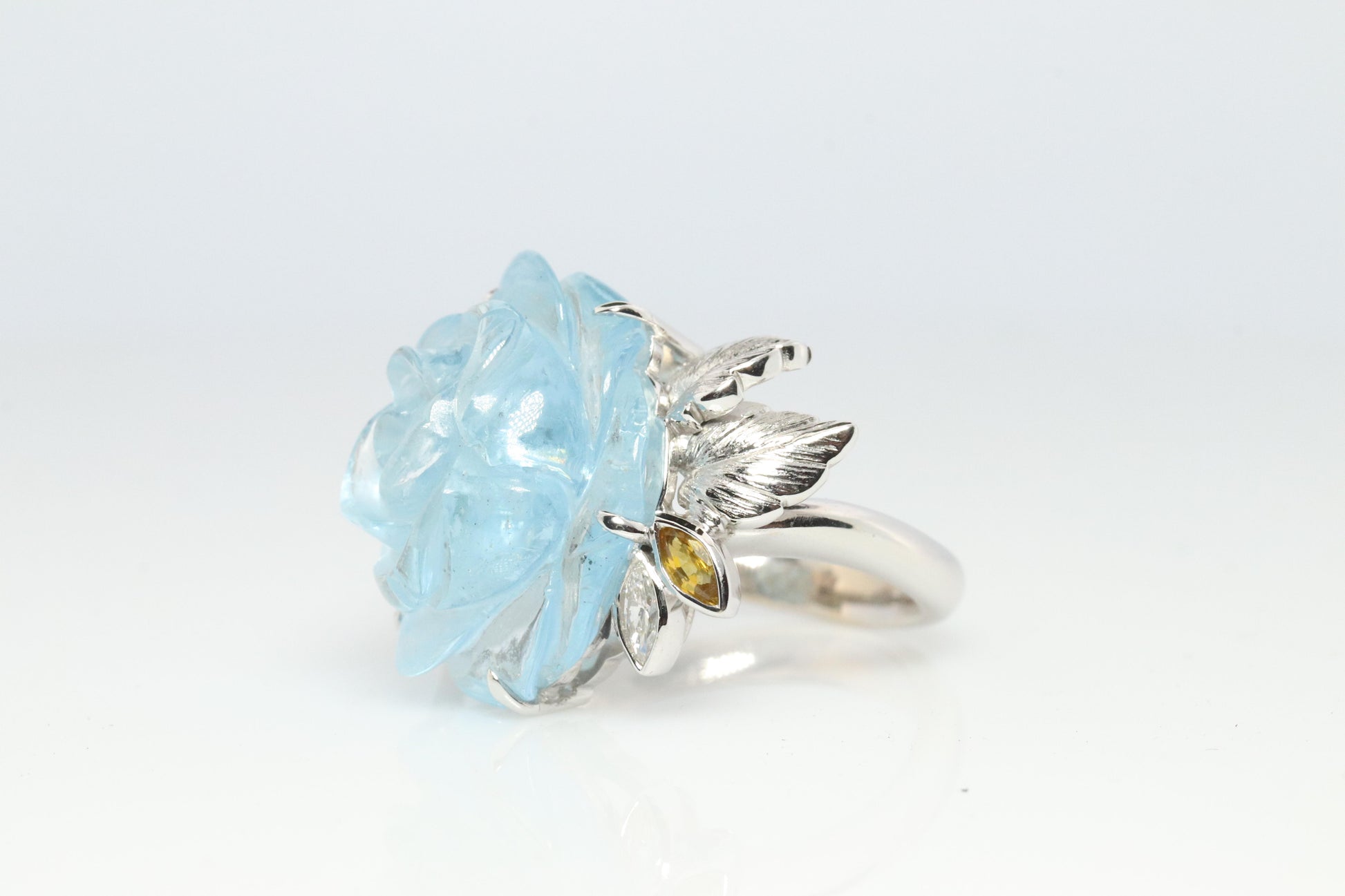 18k Aquamarine Sapphire ring. Carved Flower Aquamarine with Diamonds Sapphires