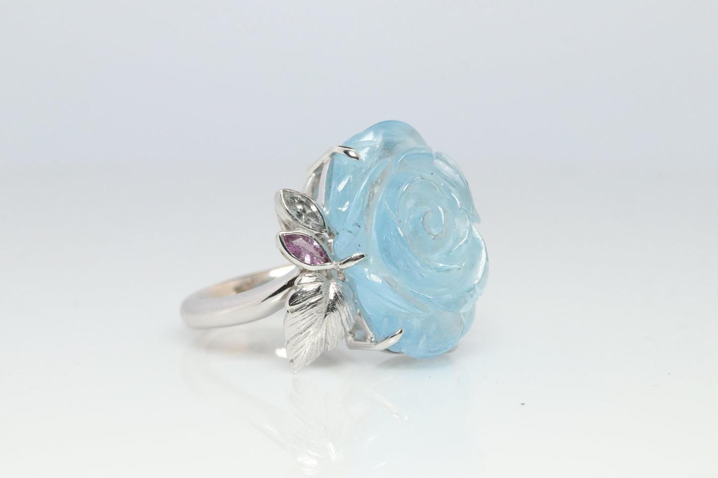 18k Aquamarine Sapphire ring. Carved Flower Aquamarine with Diamonds Sapphires