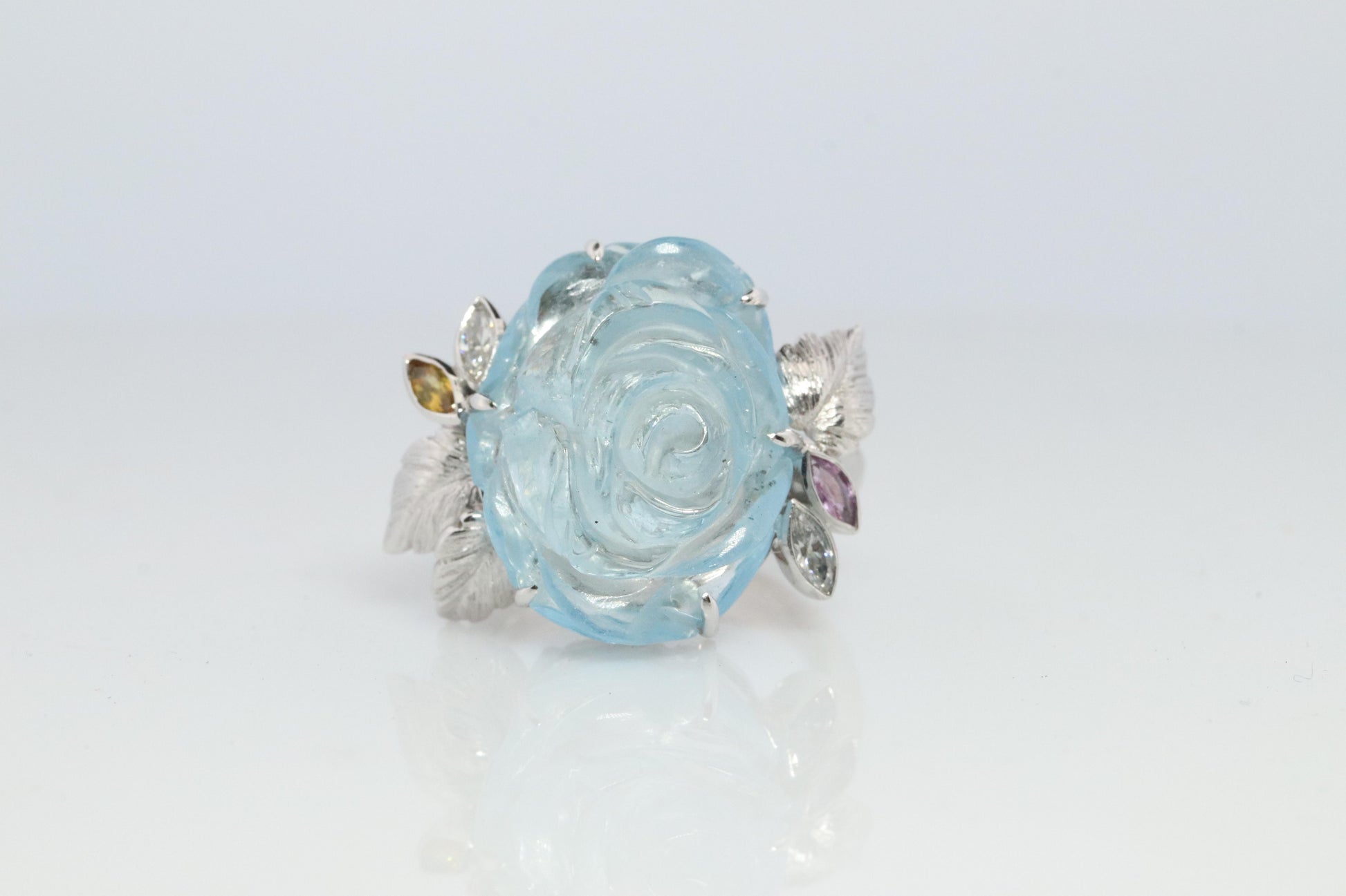 18k Aquamarine Sapphire ring. Carved Flower Aquamarine with Diamonds Sapphires