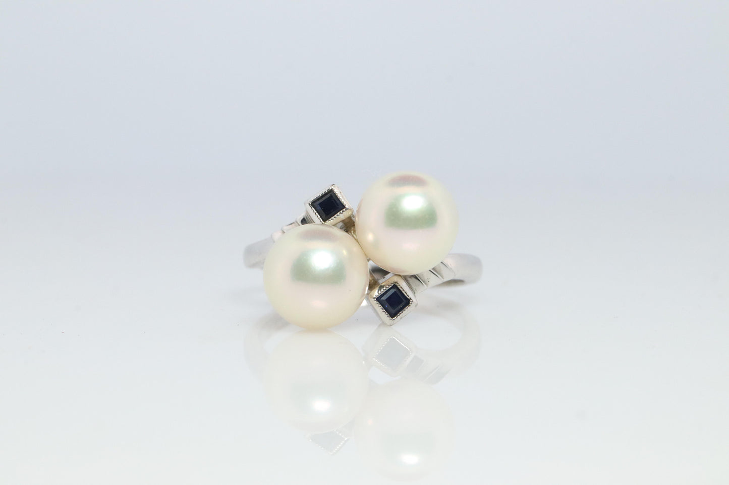 Mikimoto Sapphire Pearl Ring. 14k Mikimoto Sapphire Twin Pearl Bypass band.