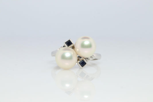 Mikimoto Sapphire Pearl Ring. 14k Mikimoto Sapphire Twin Pearl Bypass band.