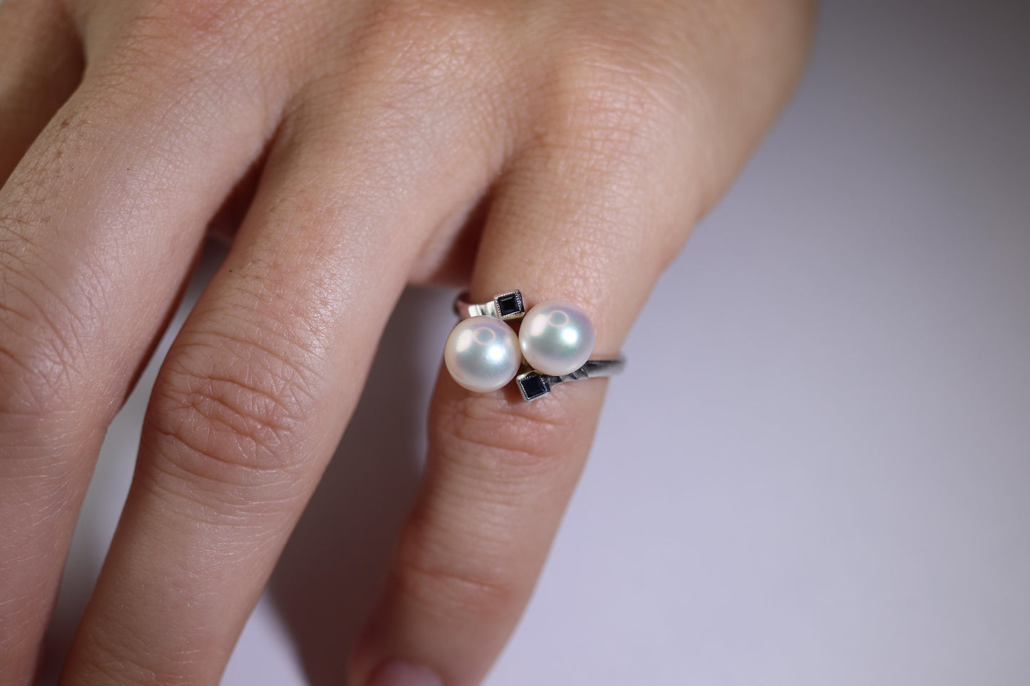 Mikimoto Sapphire Pearl Ring. 14k Mikimoto Sapphire Twin Pearl Bypass band.