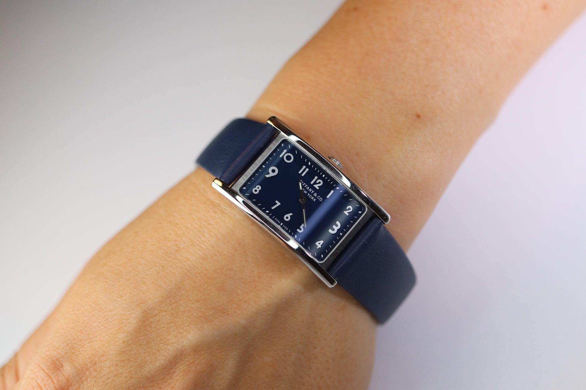 Tiffany and Co East and West Watch. Ladies Navy Blue T&Co Tank wristwatch.