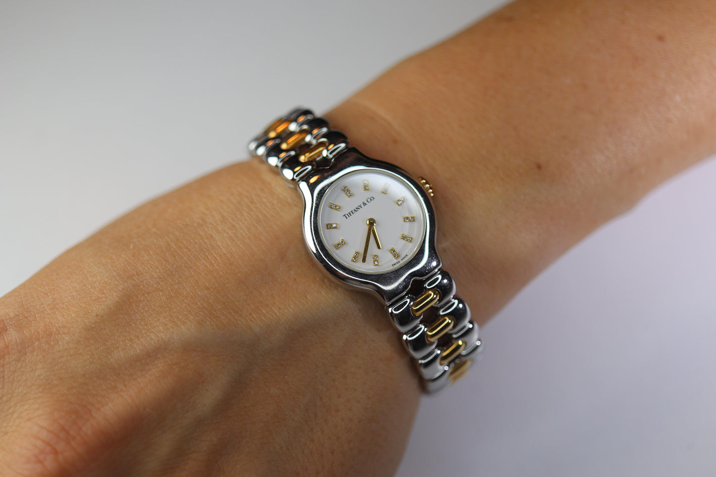 Tiffany and Co Diamond Watch. 18k Tiffany Tesoro Stainless Steel Ladies 25mm.