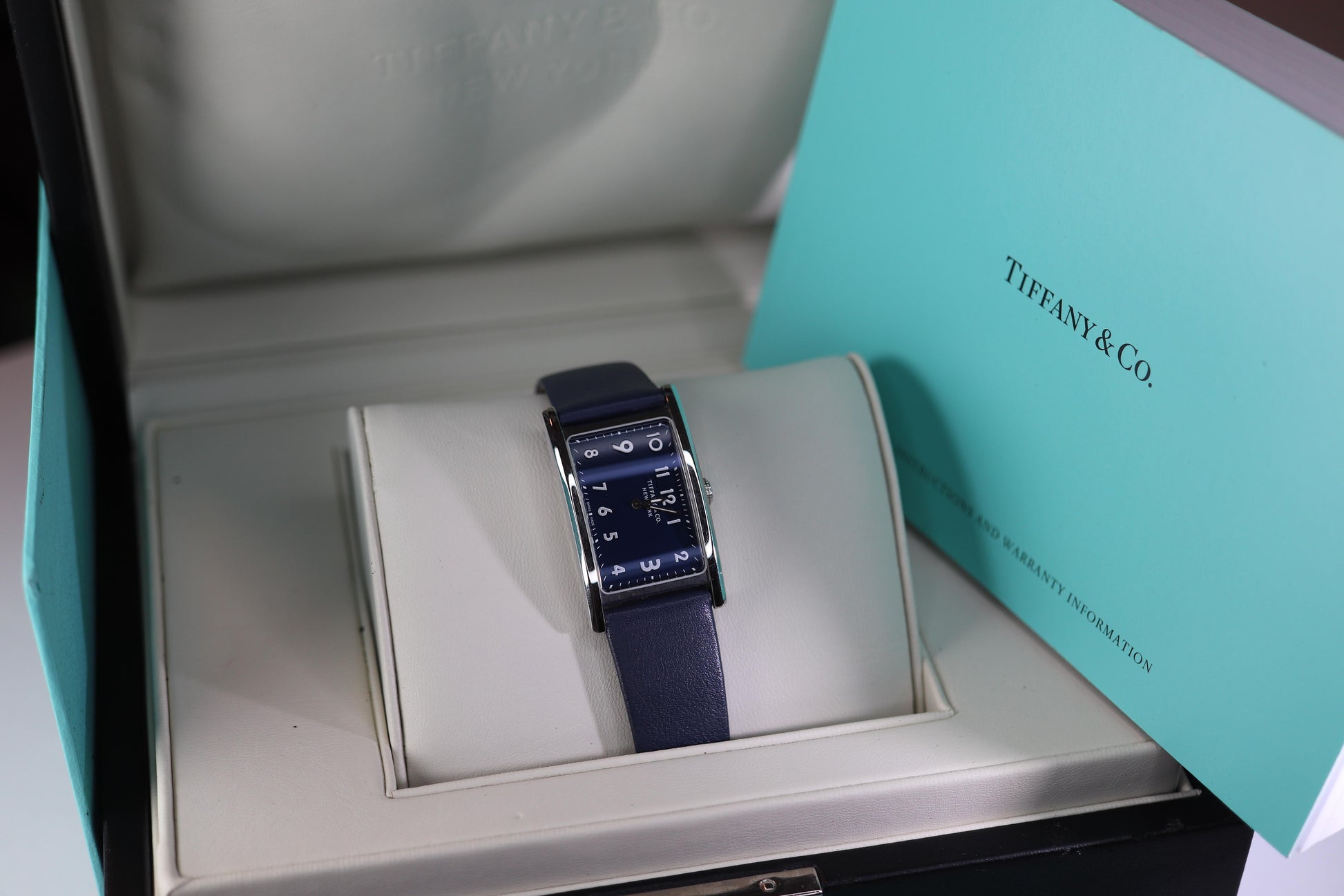 Tiffany and Co East and West Watch. Ladies Navy Blue T&Co Tank wristwatch.