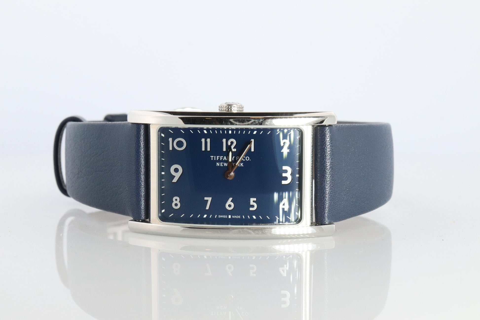 Tiffany and Co East and West Watch. Ladies Navy Blue T&Co Tank wristwatch.