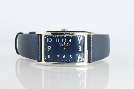 Tiffany and Co East and West Watch. Ladies Navy Blue T&Co Tank wristwatch.