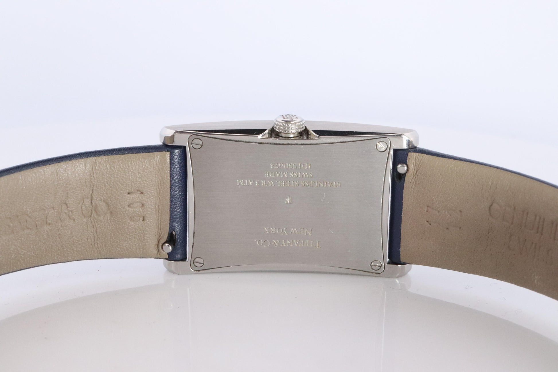 Tiffany and Co East and West Watch. Ladies Navy Blue T&Co Tank wristwatch.