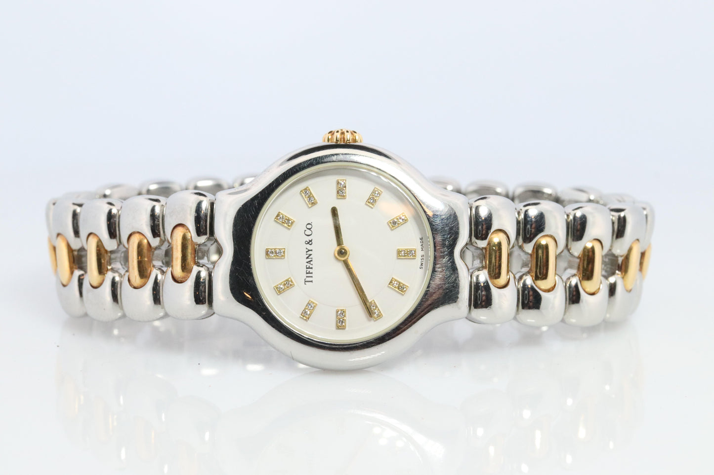 Tiffany and Co Diamond Watch. 18k Tiffany Tesoro Stainless Steel Ladies 25mm.