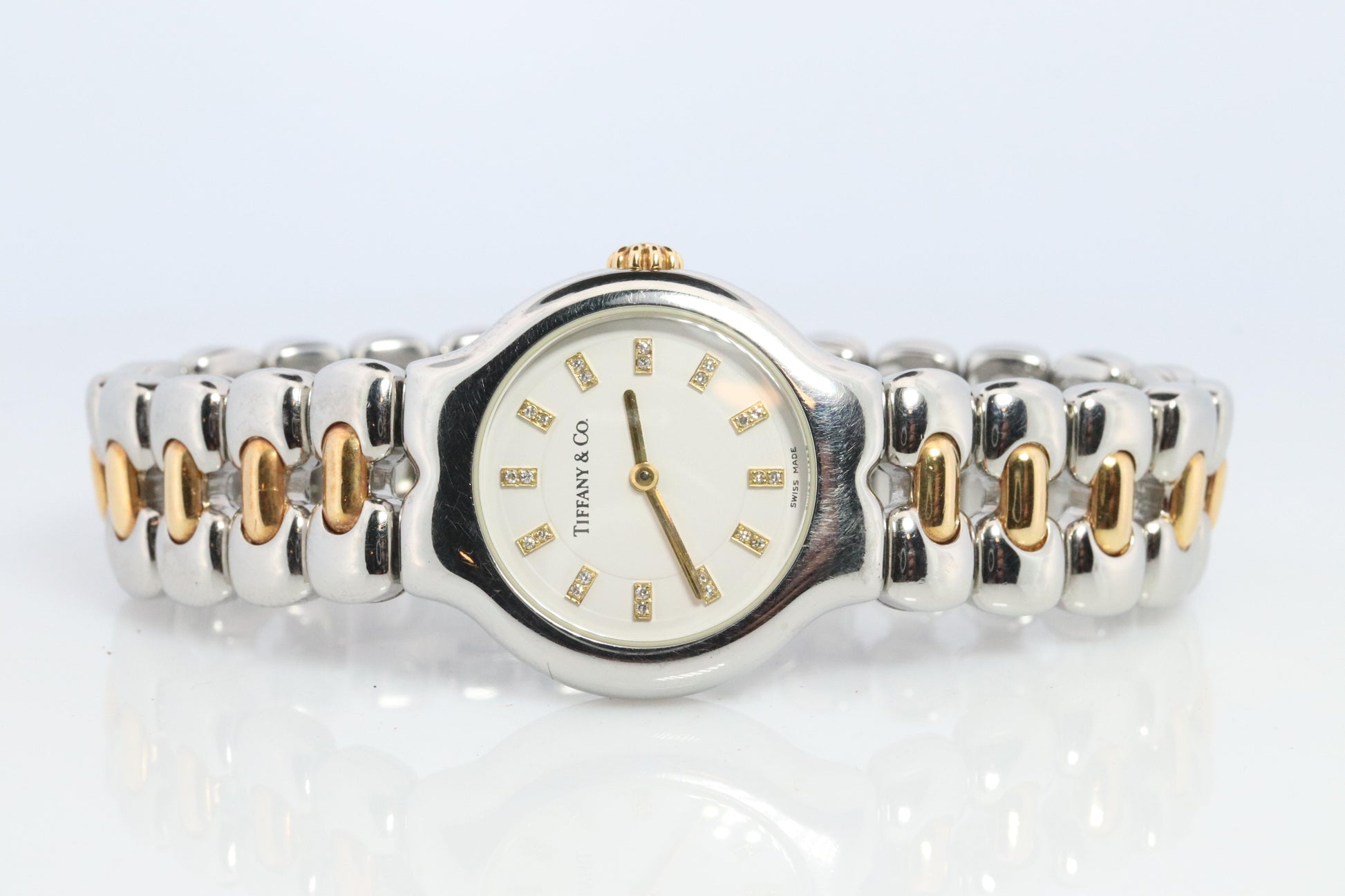 Tiffany and Co Diamond Watch. 18k Tiffany Tesoro Stainless Steel Ladies 25mm.