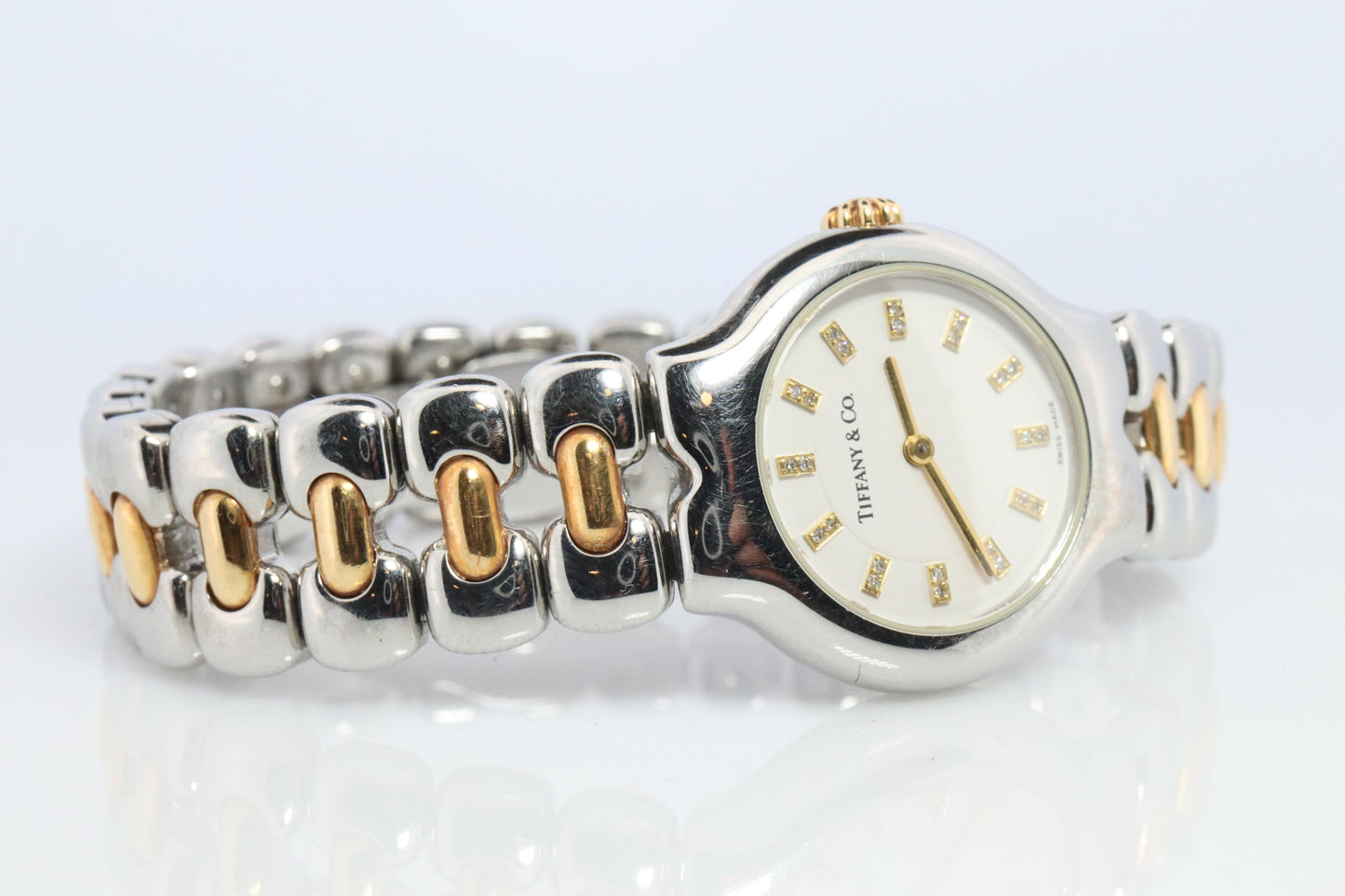 Tiffany and Co Diamond Watch. 18k Tiffany Tesoro Stainless Steel Ladies 25mm.