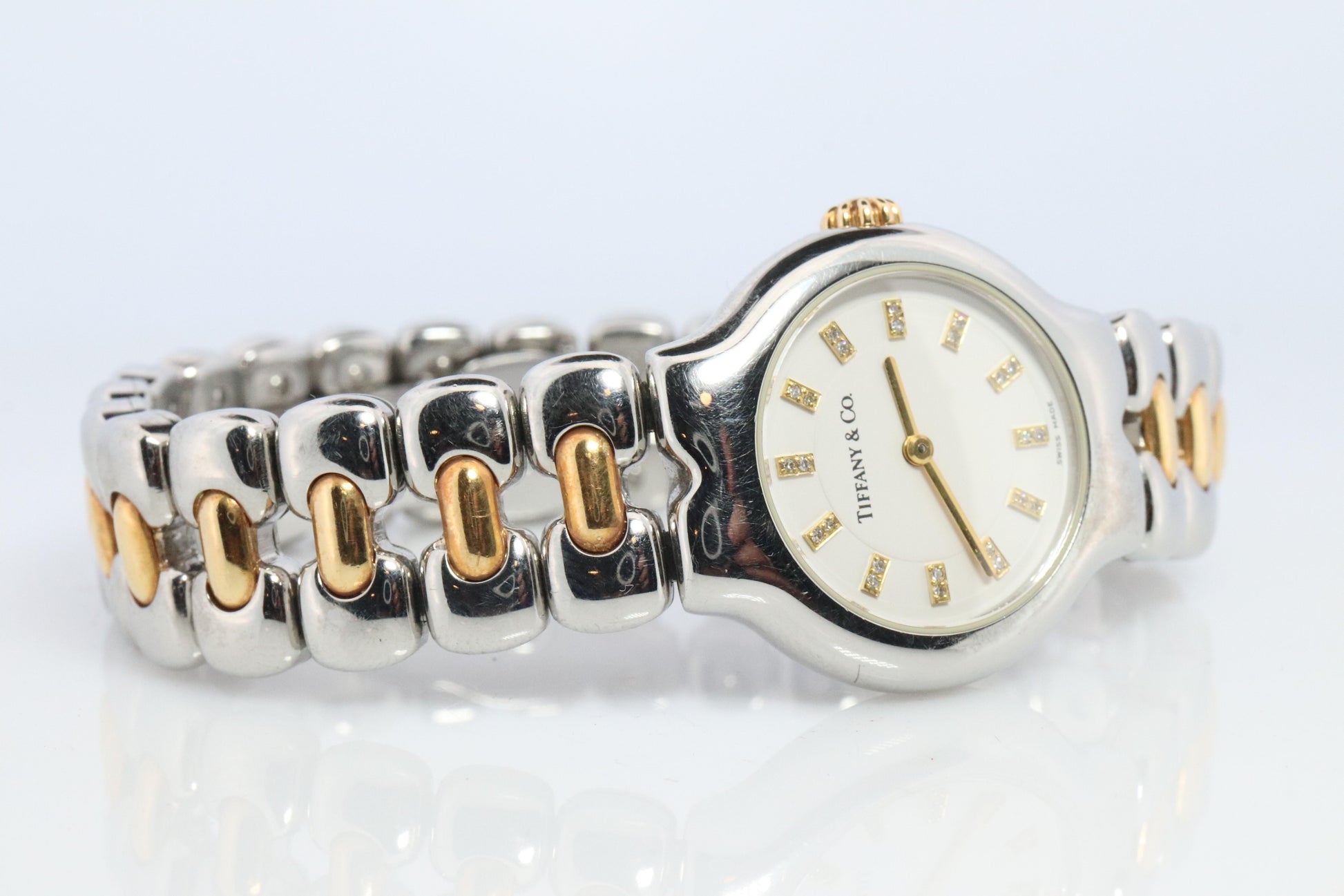 Tiffany and Co Diamond Watch. 18k Tiffany Tesoro Stainless Steel Ladies 25mm.
