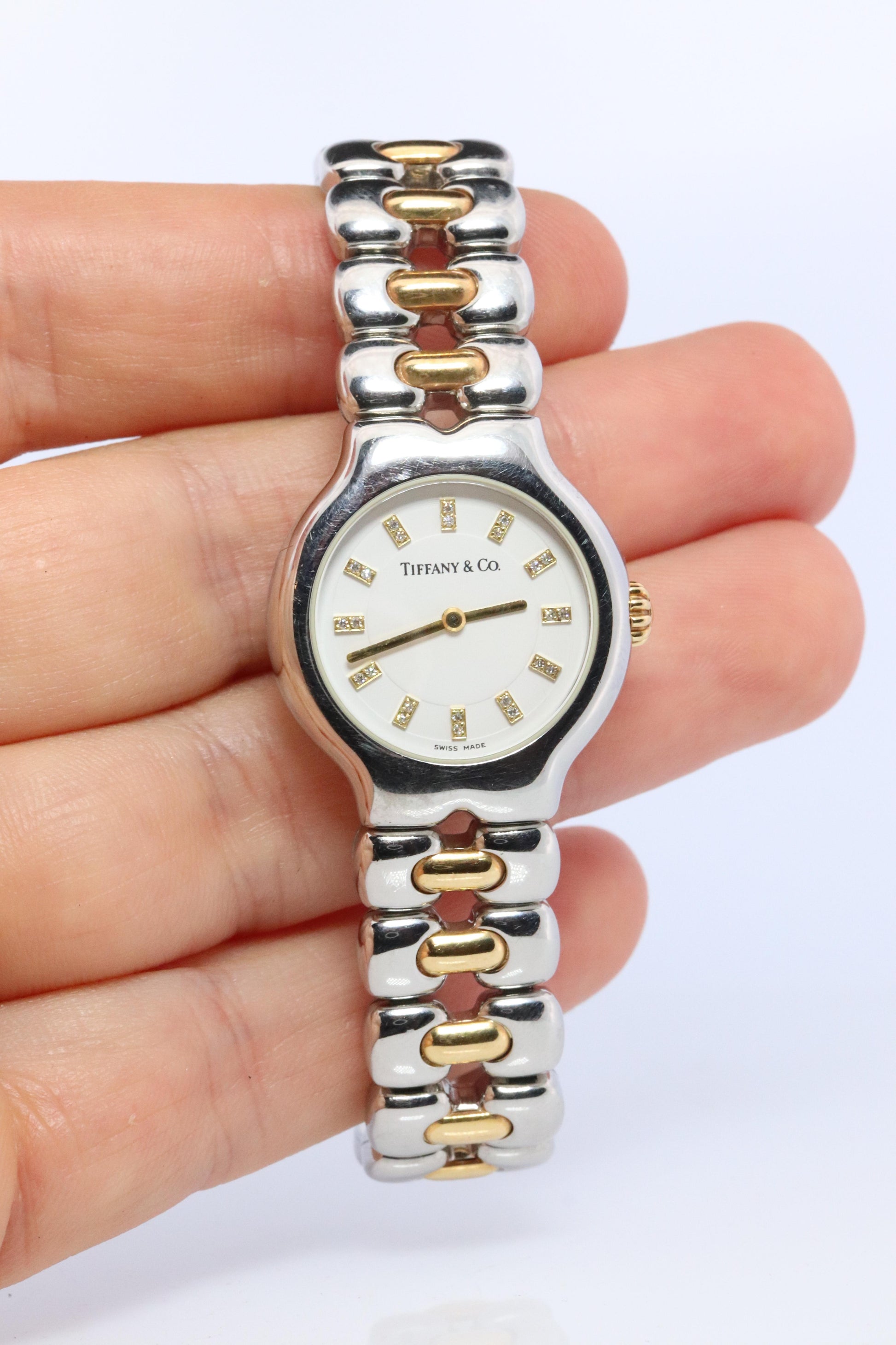 Tiffany and Co Diamond Watch. 18k Tiffany Tesoro Stainless Steel Ladies 25mm.