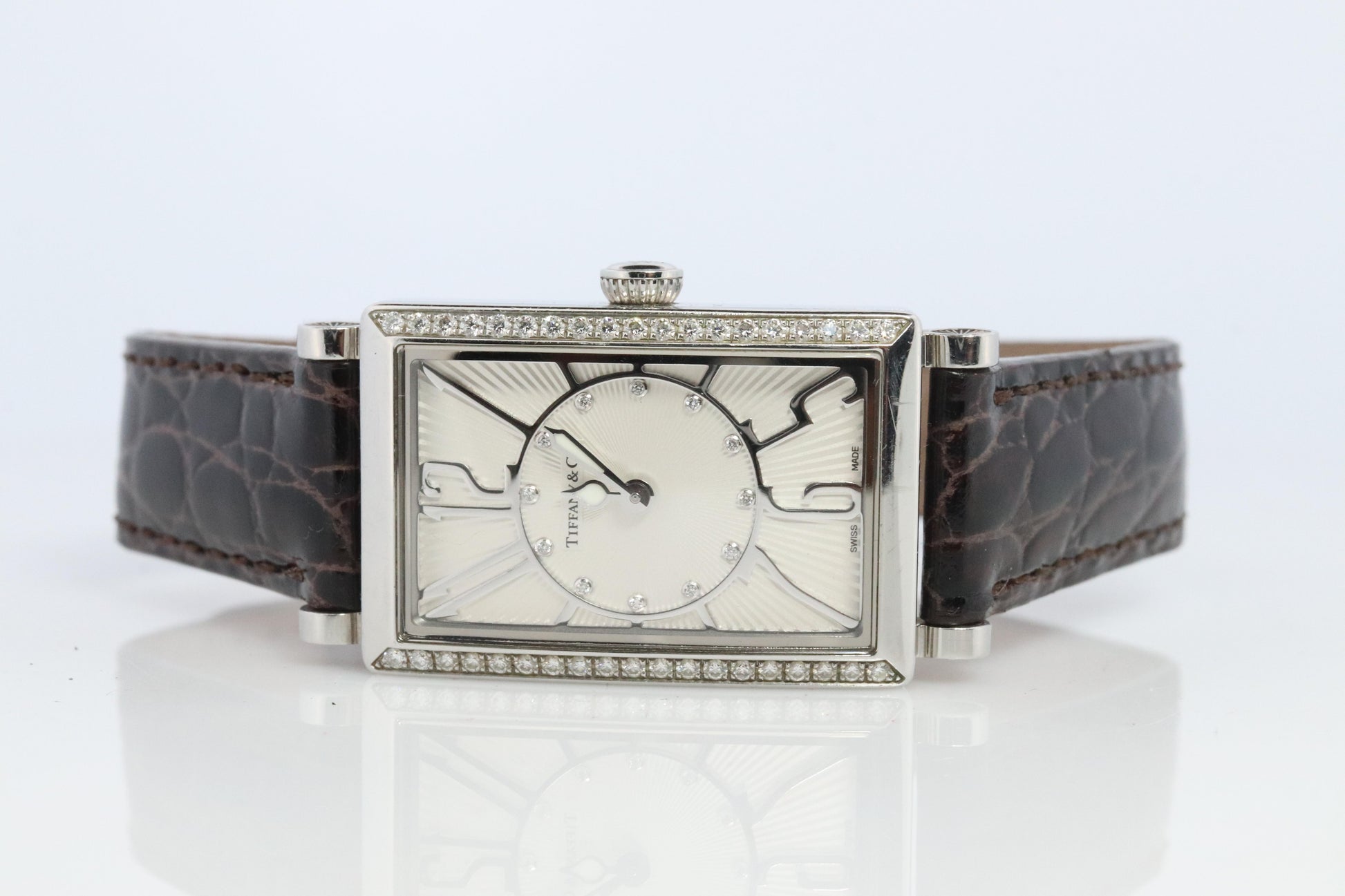 Tiffany and Co Diamond Gallery Watch. T&Co T0906 Diamond Bezel Tank Wristwatch.