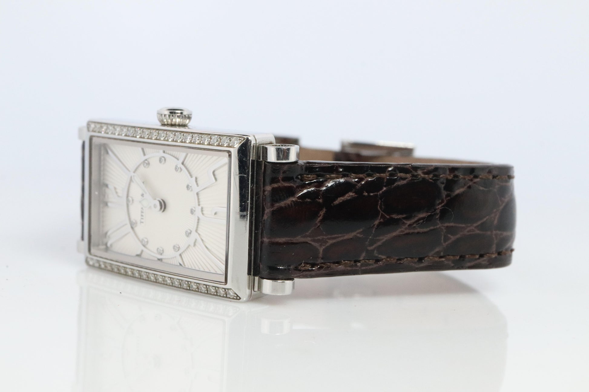 Tiffany and Co Diamond Gallery Watch. T&Co T0906 Diamond Bezel Tank Wristwatch.