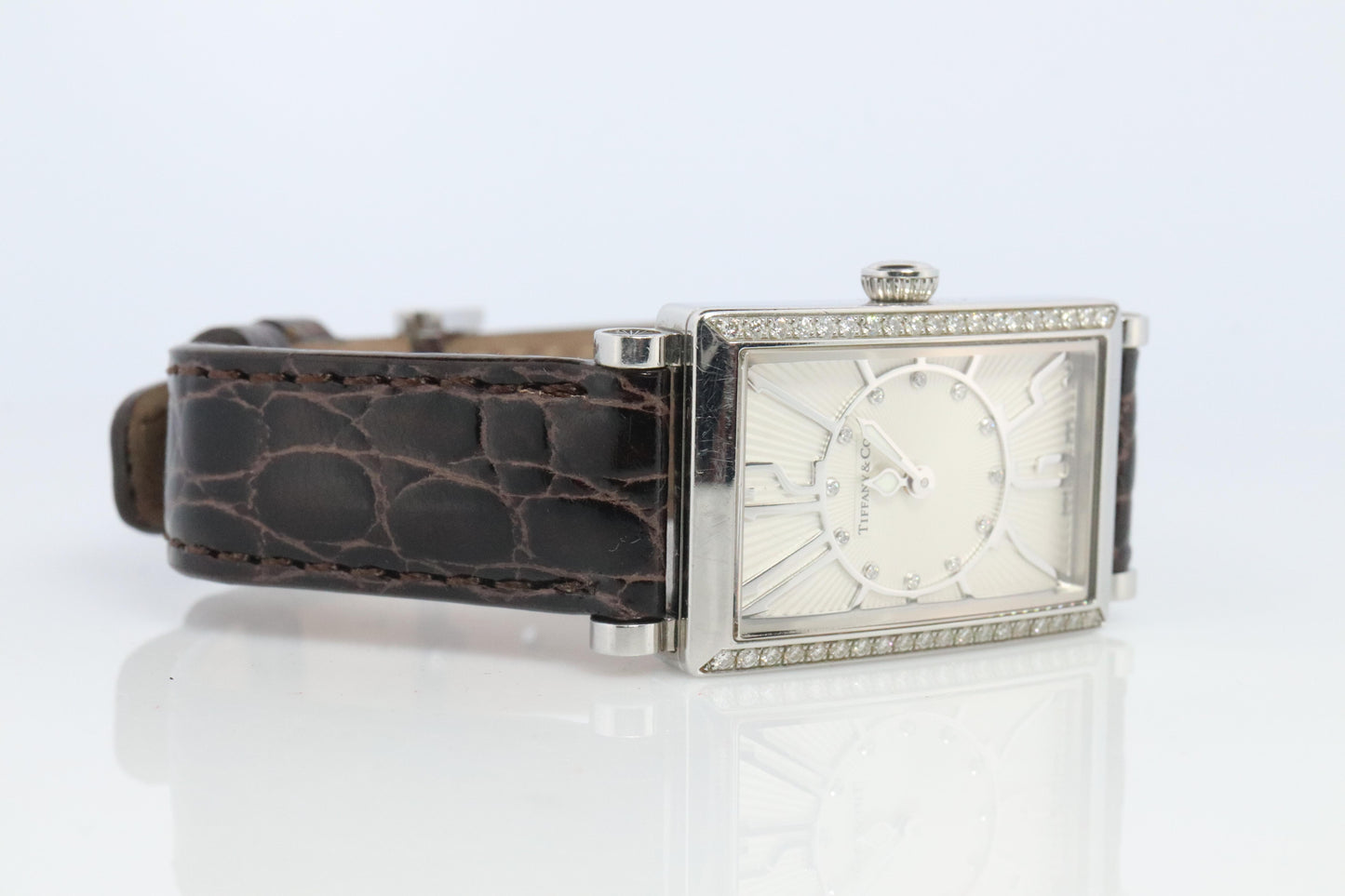 Tiffany and Co Diamond Gallery Watch. T&Co T0906 Diamond Bezel Tank Wristwatch.
