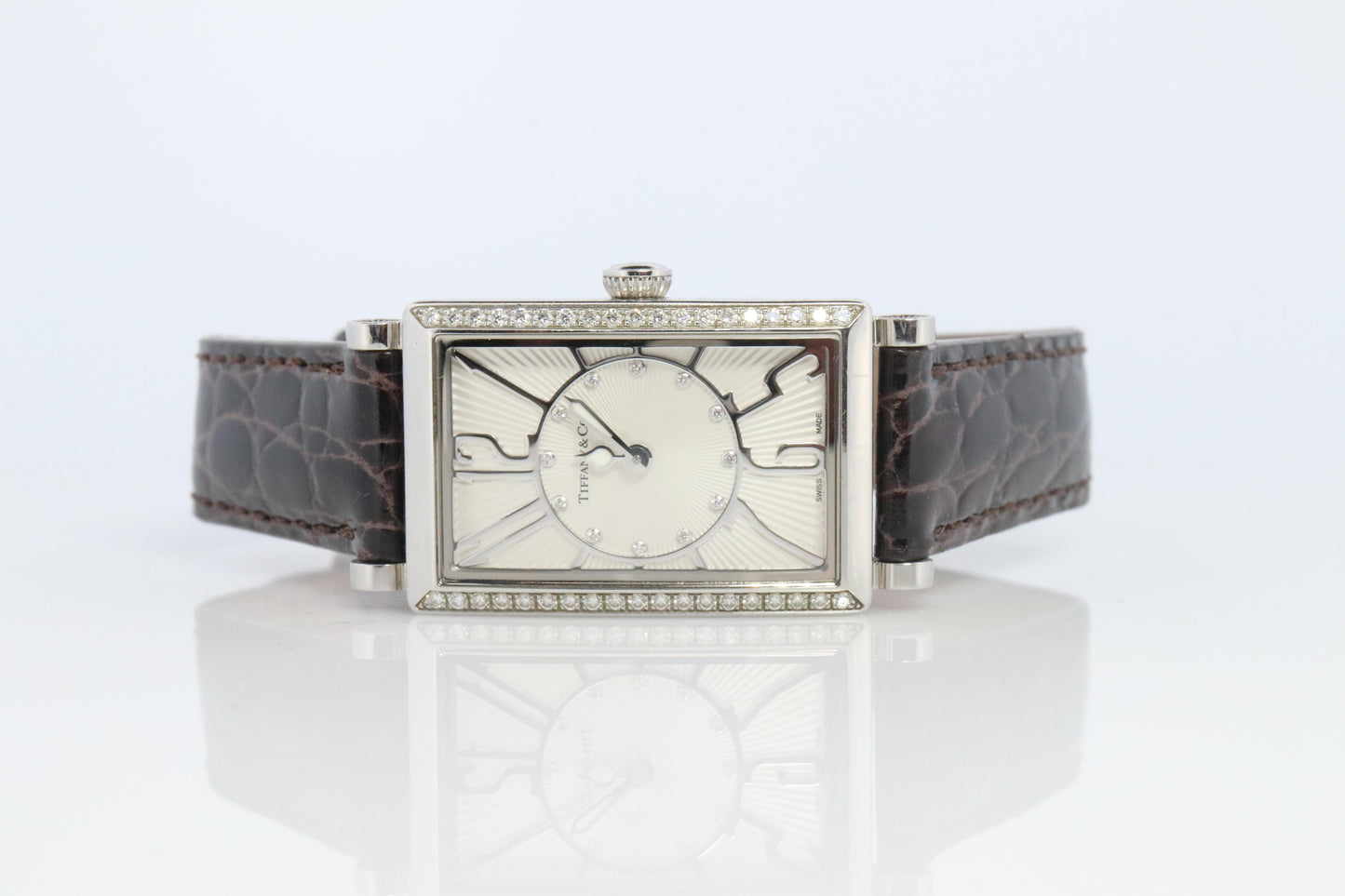 Tiffany and Co Diamond Gallery Watch. T&Co T0906 Diamond Bezel Tank Wristwatch.