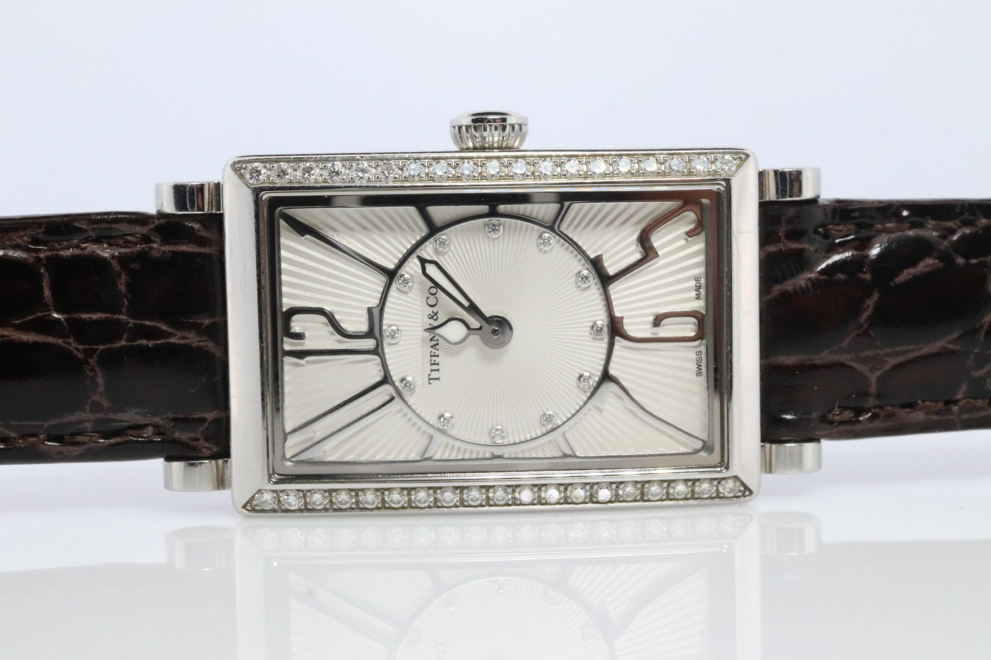 Tiffany and Co Diamond Gallery Watch. T&Co T0906 Diamond Bezel Tank Wristwatch.