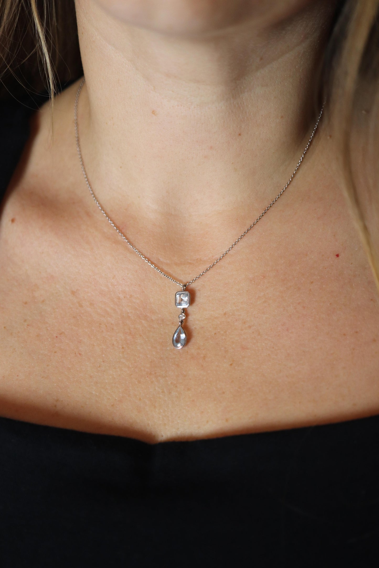 Genuine Tiffany and Co Aquamarine Necklace. 18k WG Tiffany Aqua Diamond Pendant