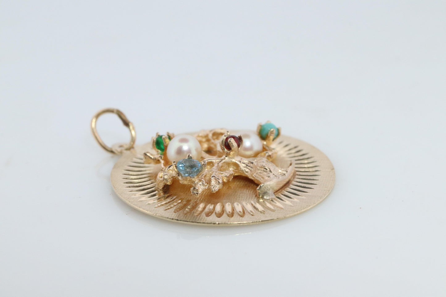 14k Tree of Life Round Medallion Pendant. Multi-Gem Fruit Tree Charm.