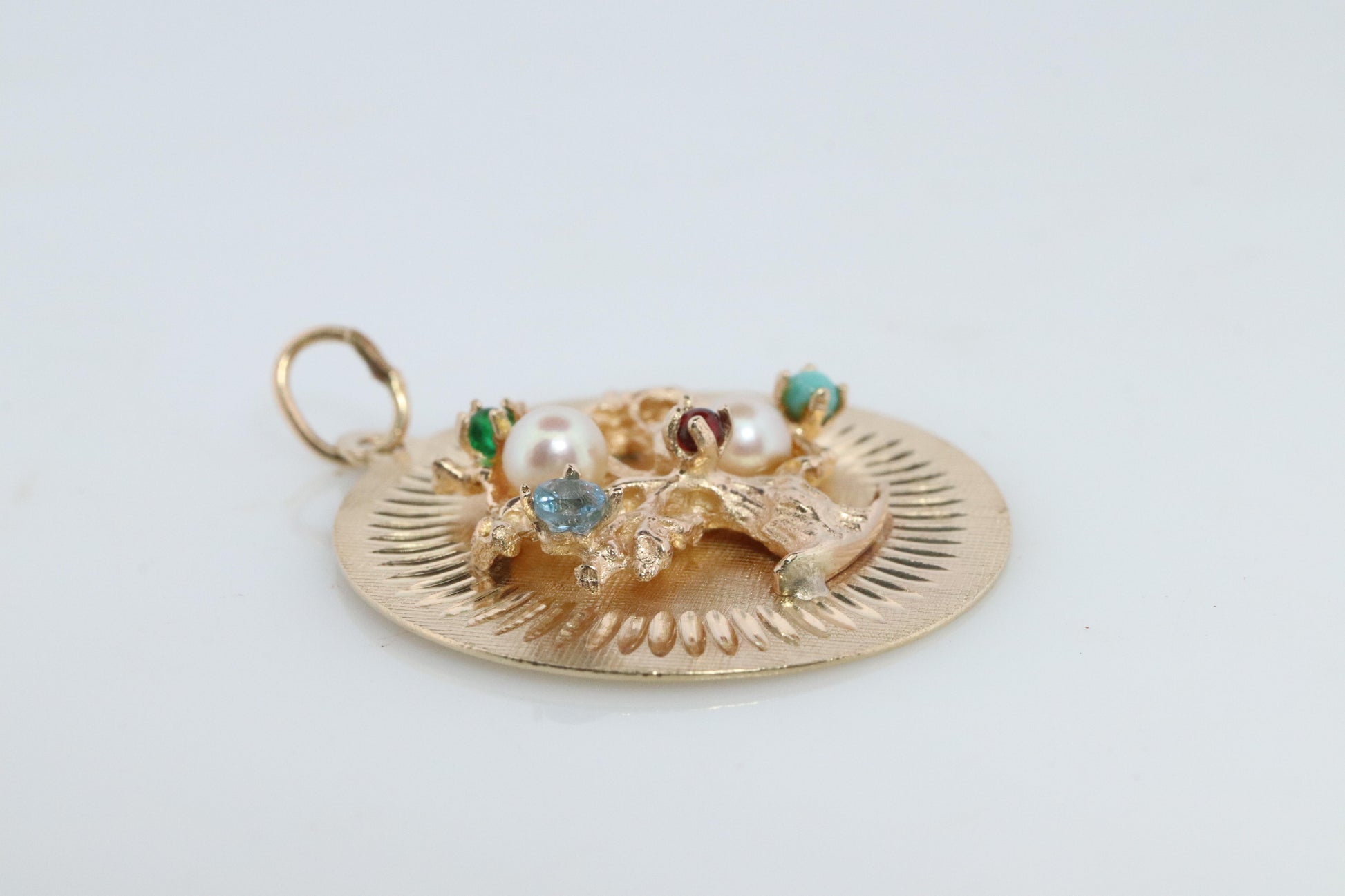 14k Tree of Life Round Medallion Pendant. Multi-Gem Fruit Tree Charm.