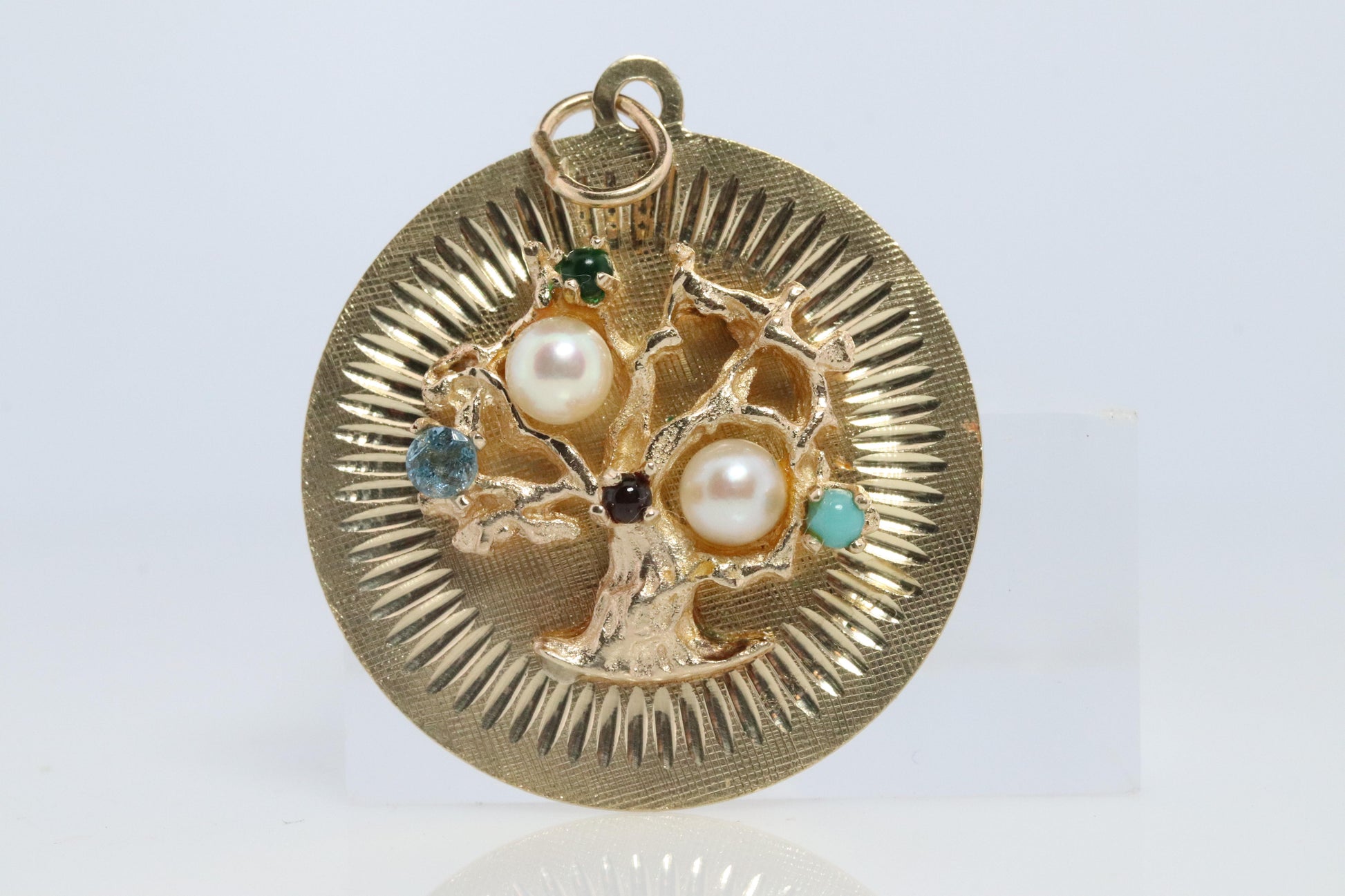 14k Tree of Life Round Medallion Pendant. Multi-Gem Fruit Tree Charm.