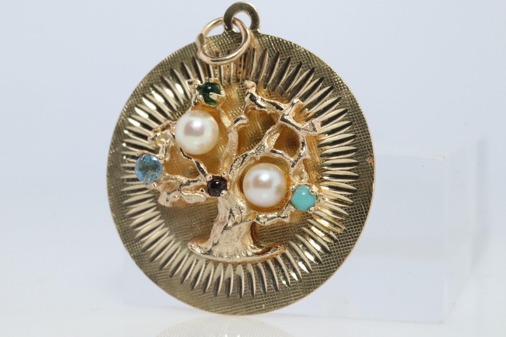 14k Tree of Life Round Medallion Pendant. Multi-Gem Fruit Tree Charm.