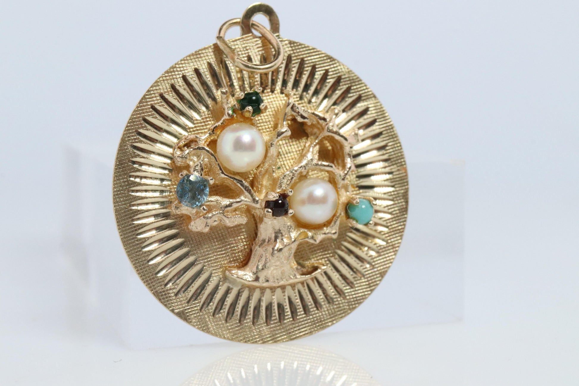 14k Tree of Life Round Medallion Pendant. Multi-Gem Fruit Tree Charm.