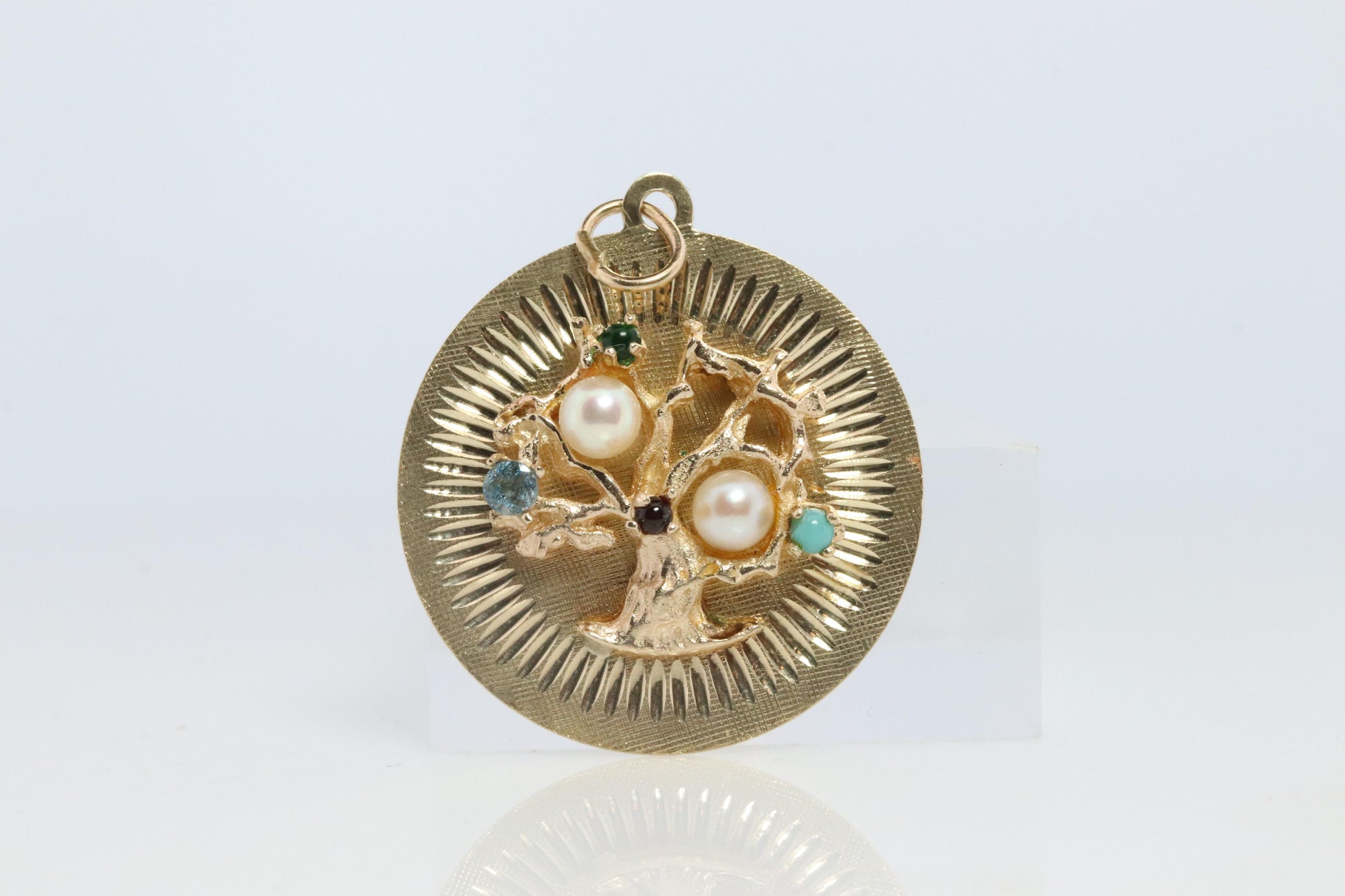 14k Tree of Life Round Medallion Pendant. Multi-Gem Fruit Tree Charm.