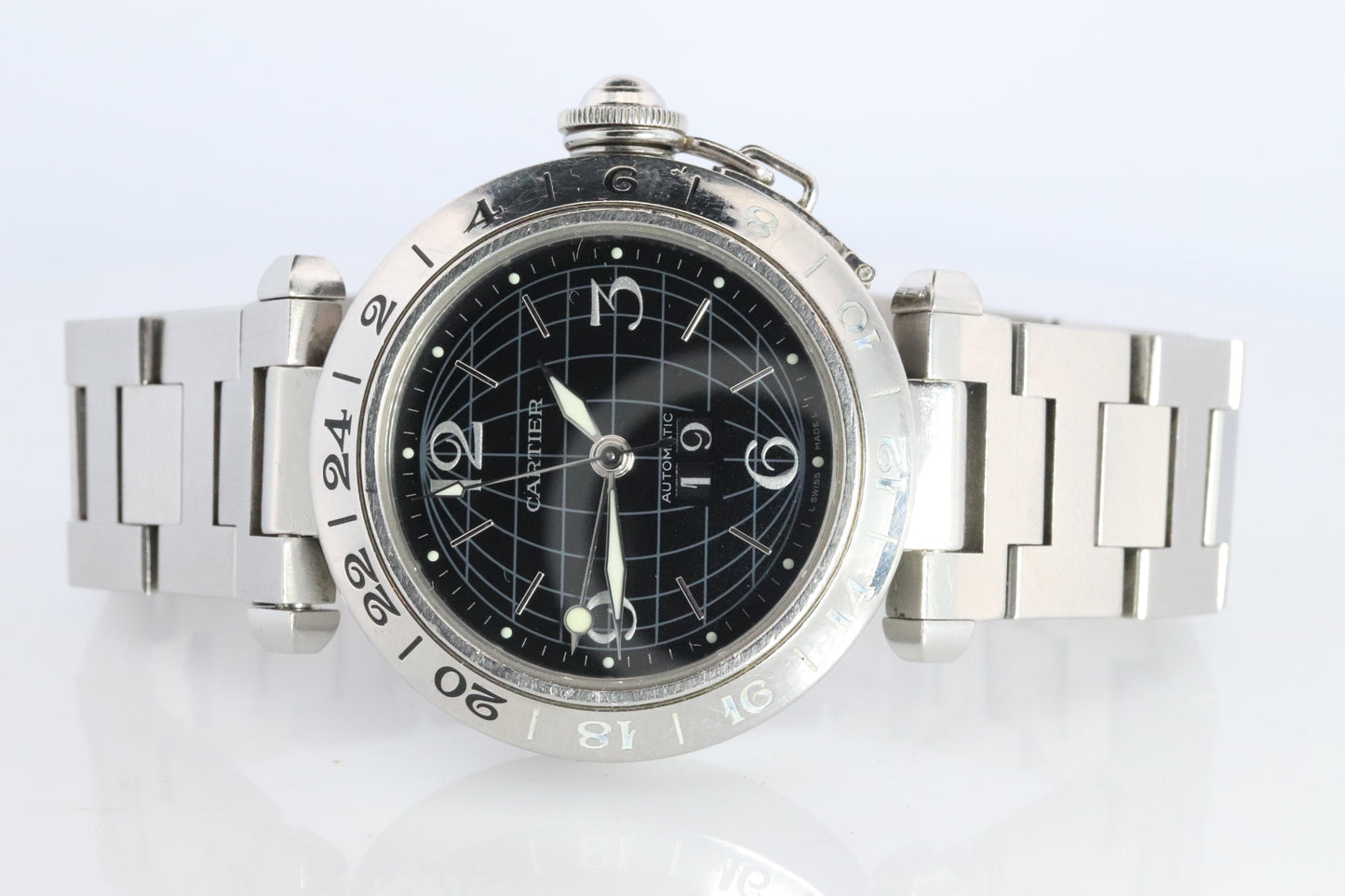 Vintage Cartier PASHA GMT Meridian 2550. W31049M7 Rare Black Dial.