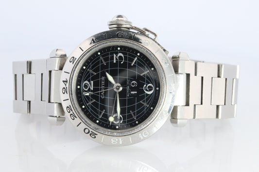Vintage Cartier PASHA GMT Meridian 2550. W31049M7 Rare Black Dial.