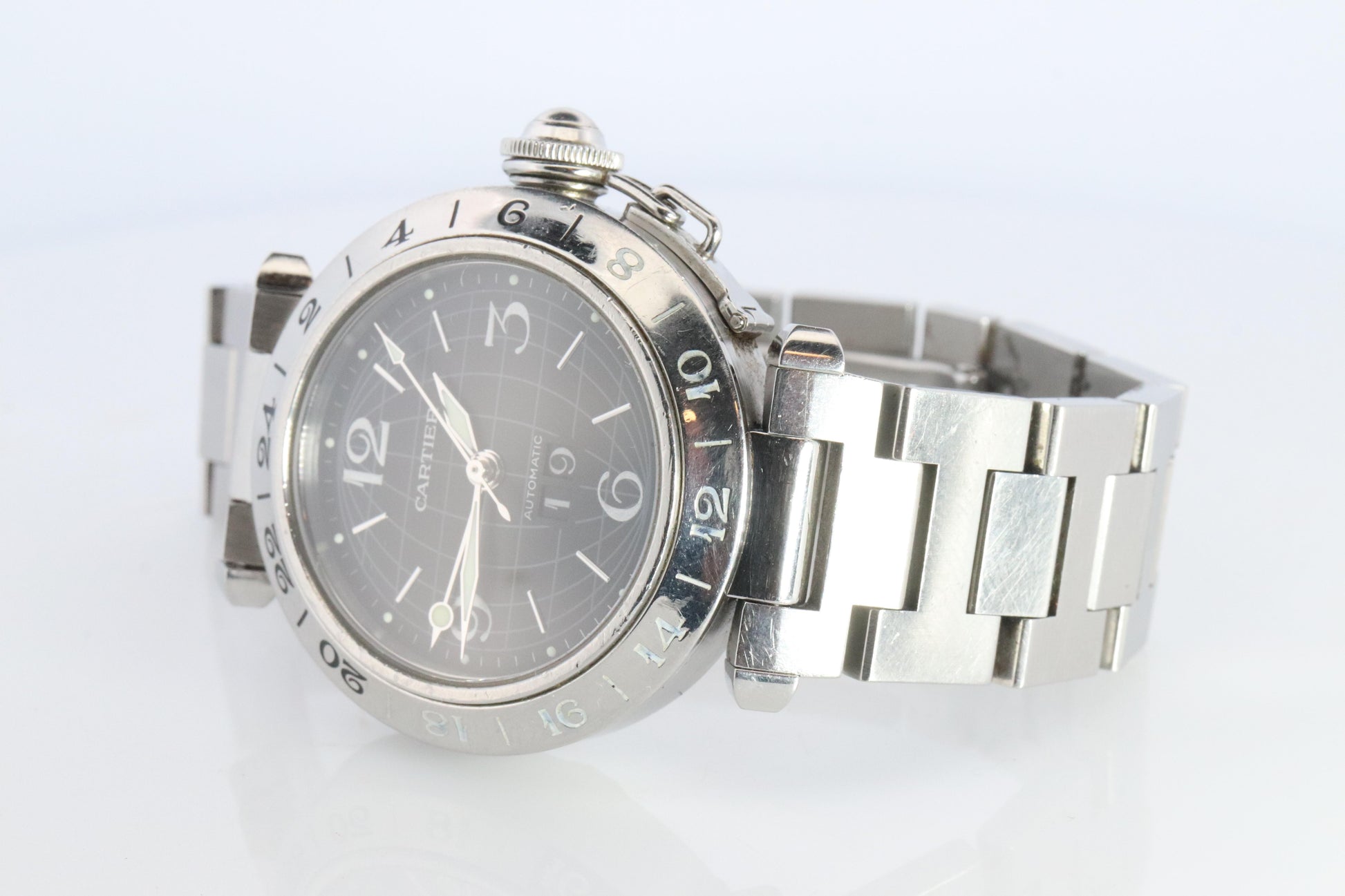 Vintage Cartier PASHA GMT Meridian 2550. W31049M7 Rare Black Dial.