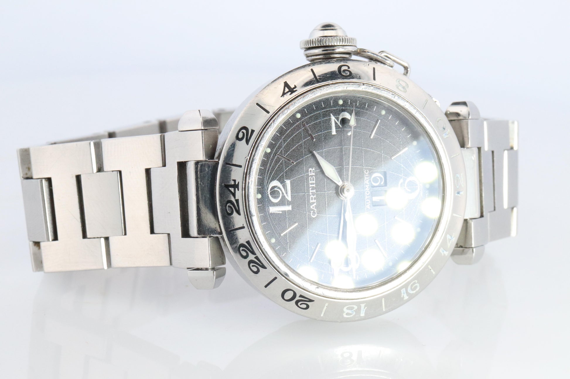 Vintage Cartier PASHA GMT Meridian 2550. W31049M7 Rare Black Dial.