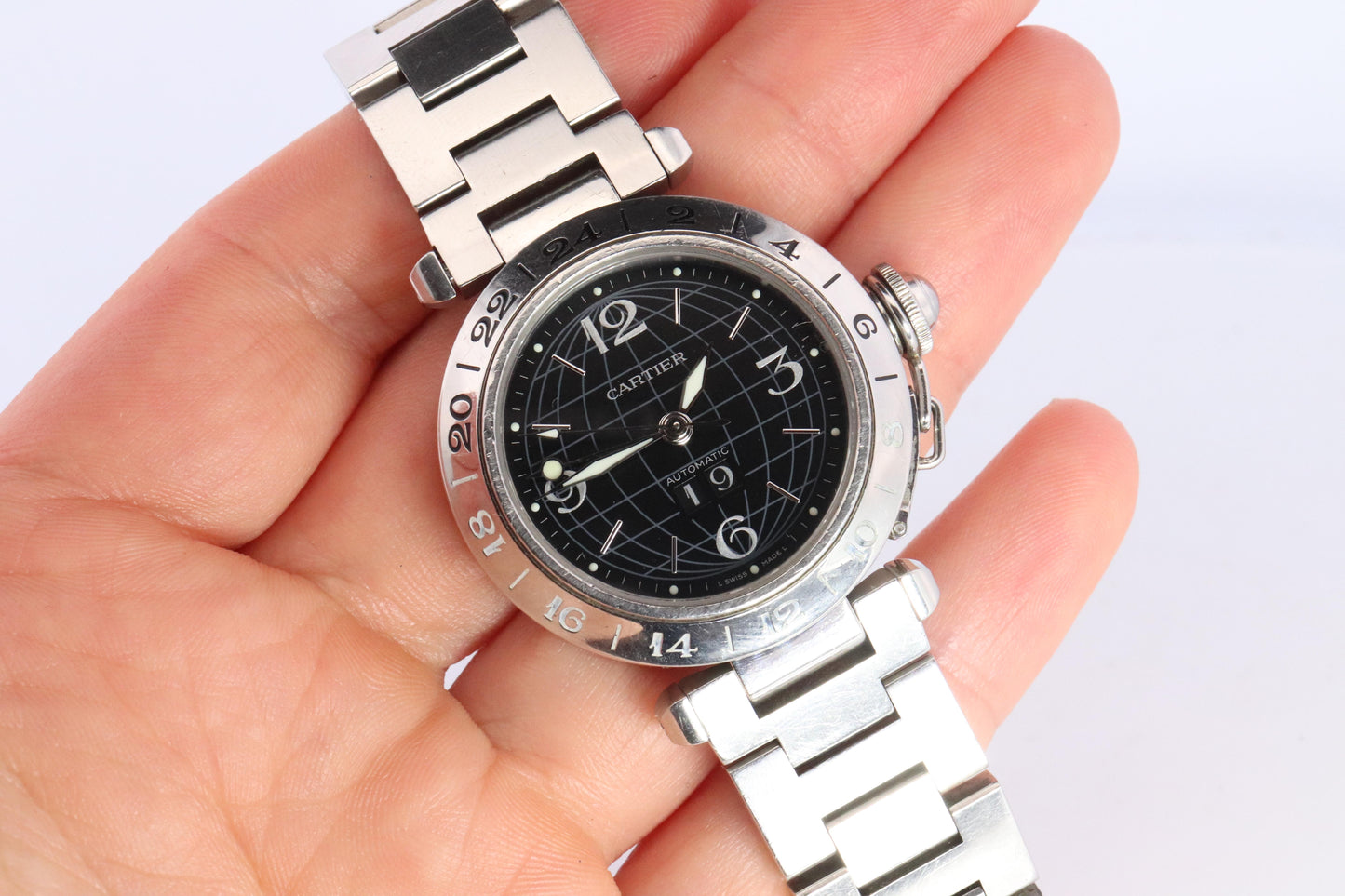 Vintage Cartier PASHA GMT Meridian 2550. W31049M7 Rare Black Dial.
