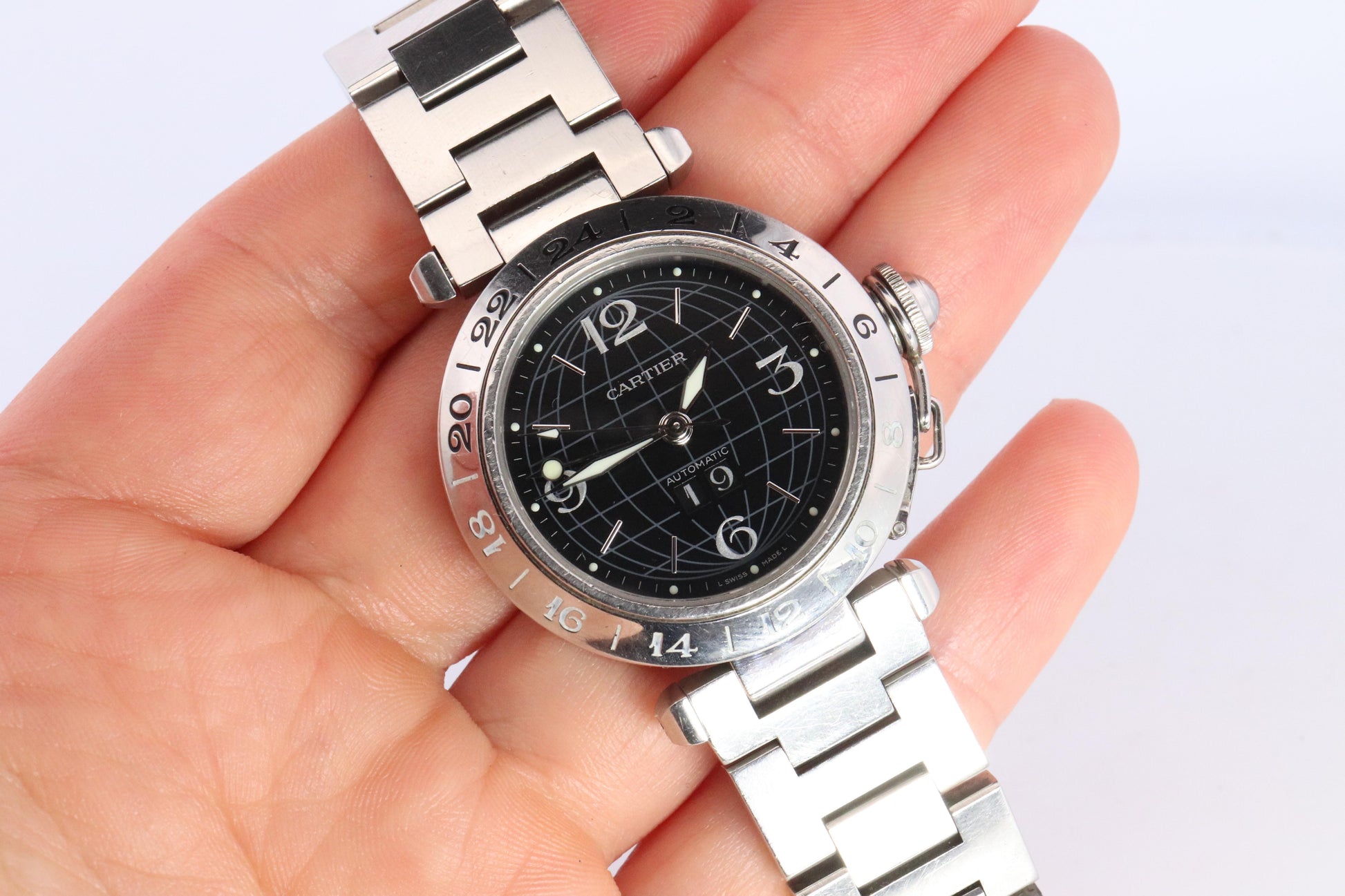 Vintage Cartier PASHA GMT Meridian 2550. W31049M7 Rare Black Dial.