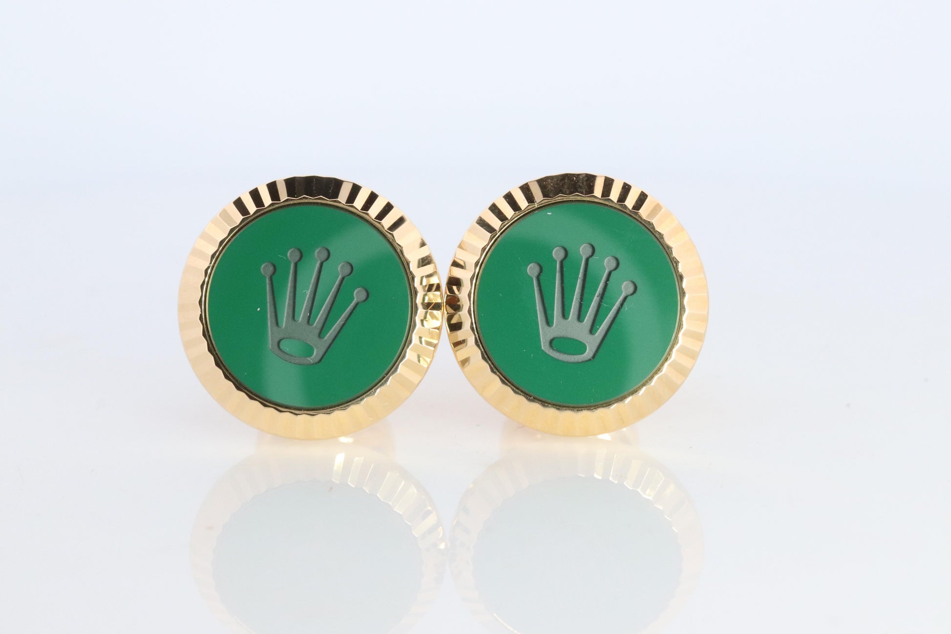 18k Rolex Cufflinks. 18k YG Green Cerachrom Fluted Bezel Round Cuffs.