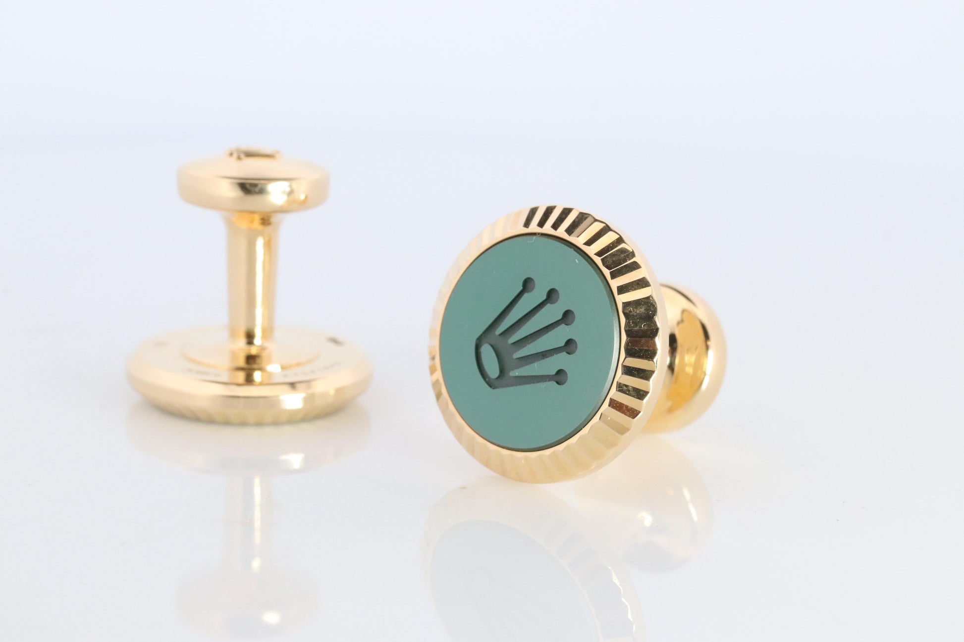 18k Rolex Cufflinks. 18k YG Green Cerachrom Fluted Bezel Round Cuffs.