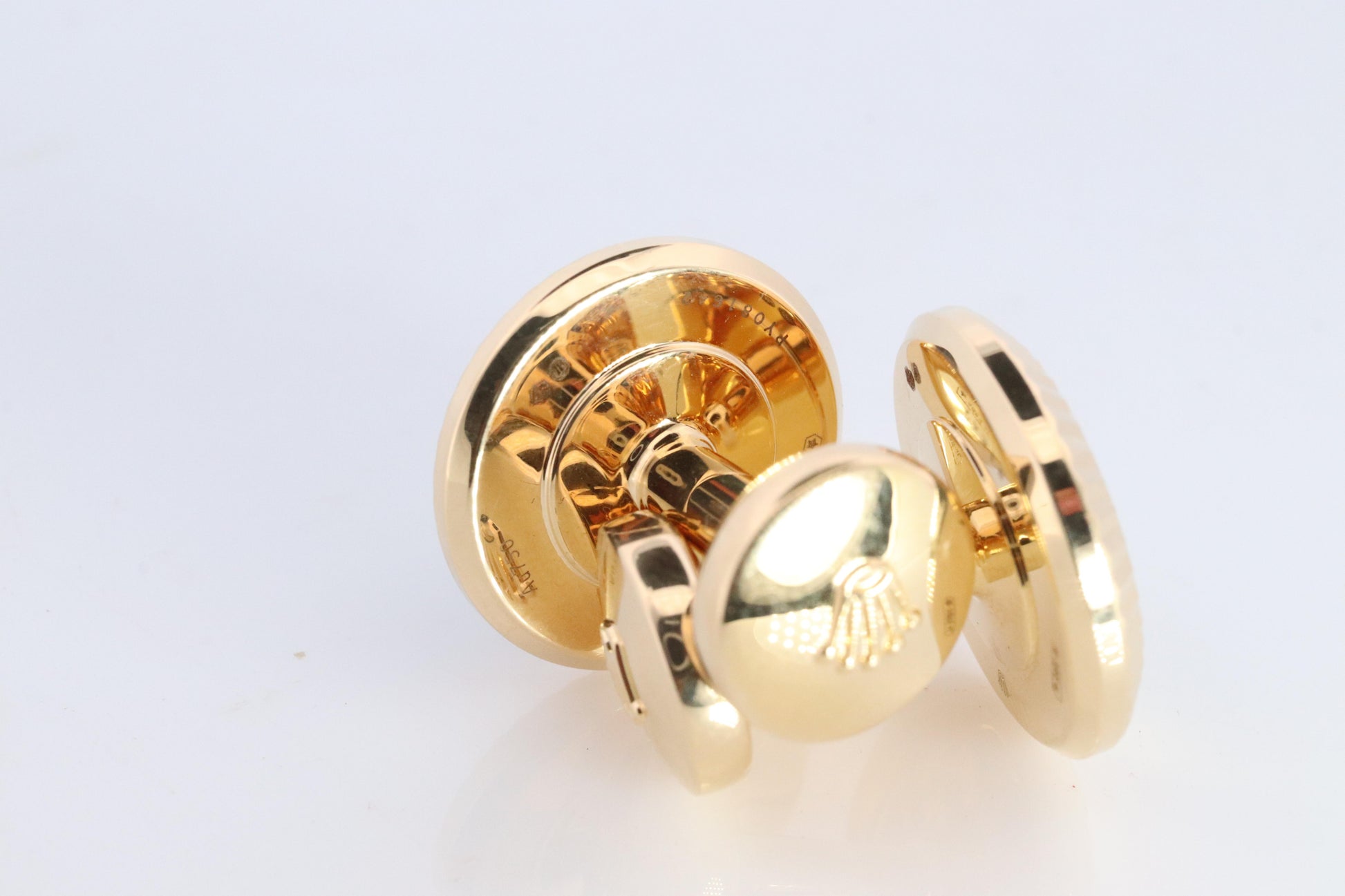 18k Rolex Cufflinks. 18k YG Green Cerachrom Fluted Bezel Round Cuffs.