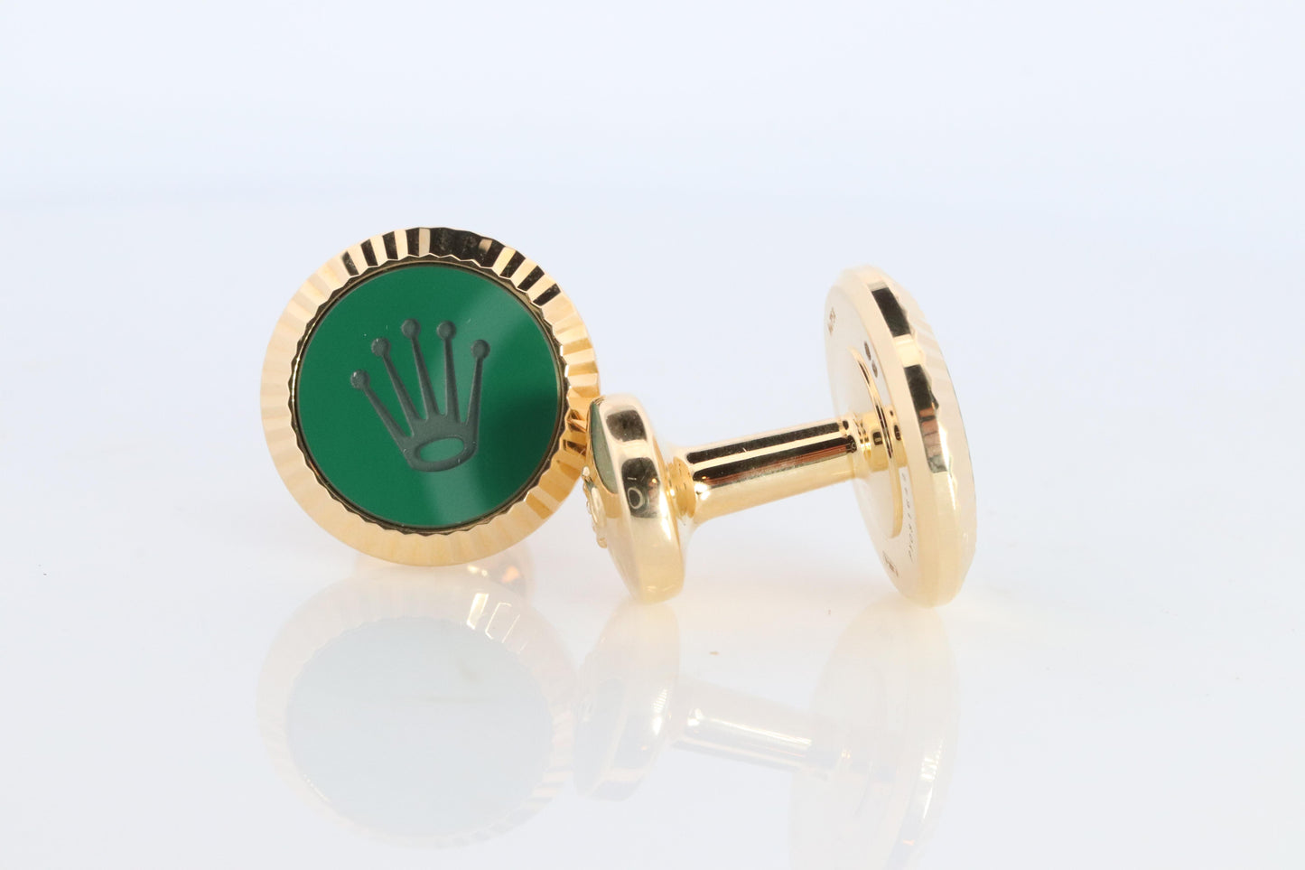 18k Rolex Cufflinks. 18k YG Green Cerachrom Fluted Bezel Round Cuffs.