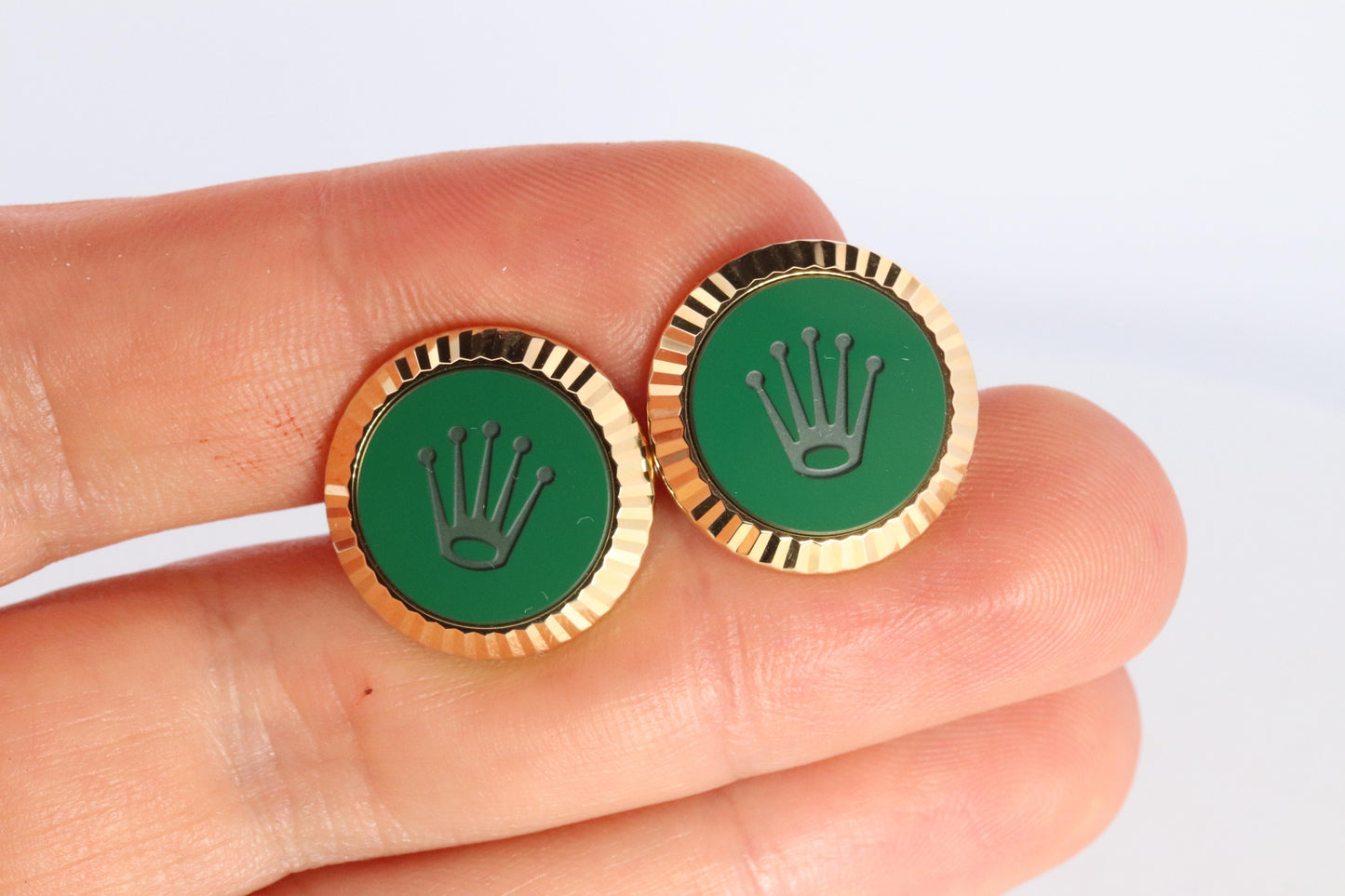 18k Rolex Cufflinks. 18k YG Green Cerachrom Fluted Bezel Round Cuffs.