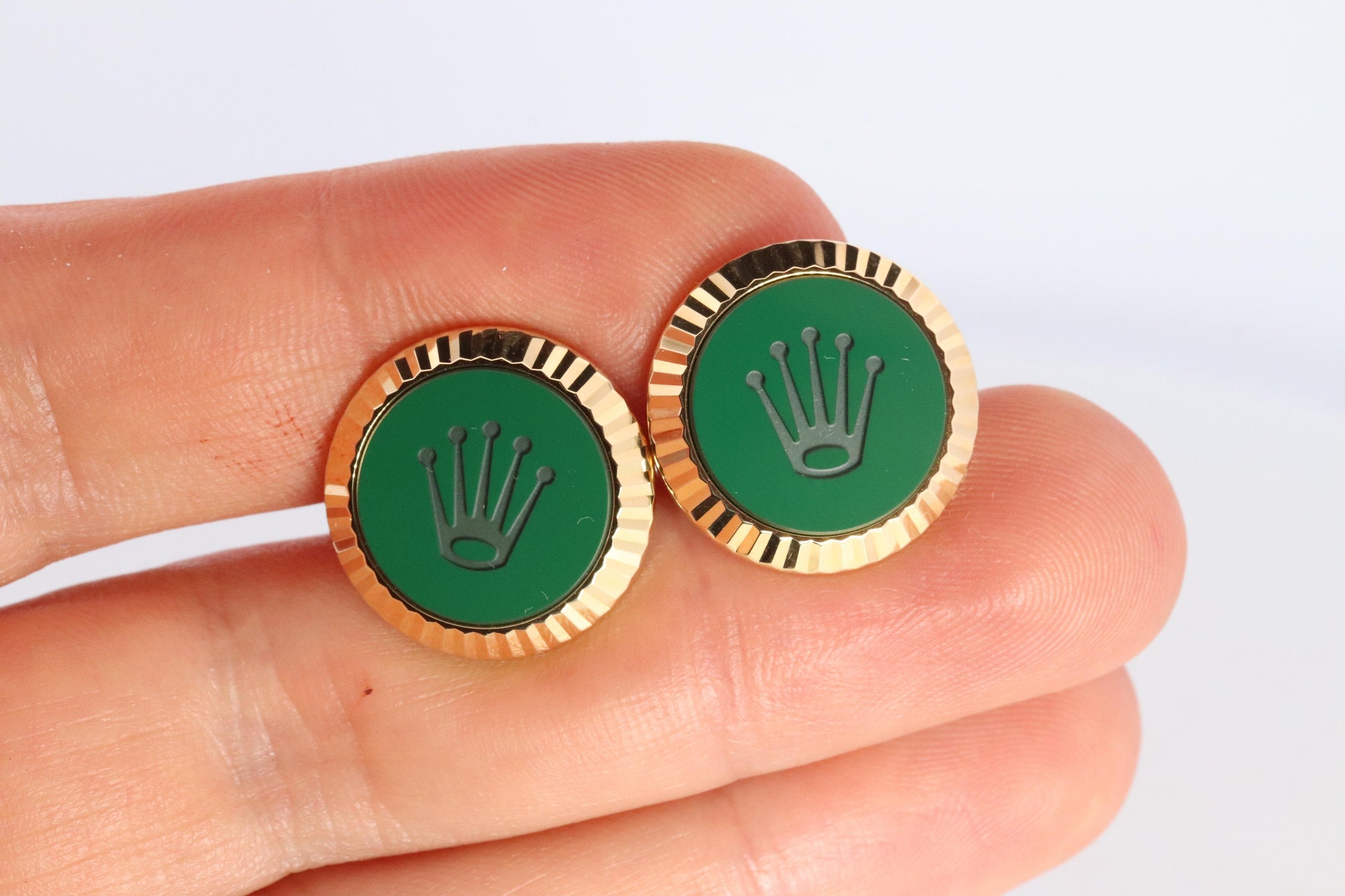 18k Rolex Cufflinks. 18k YG Green Cerachrom Fluted Bezel Round Cuffs.