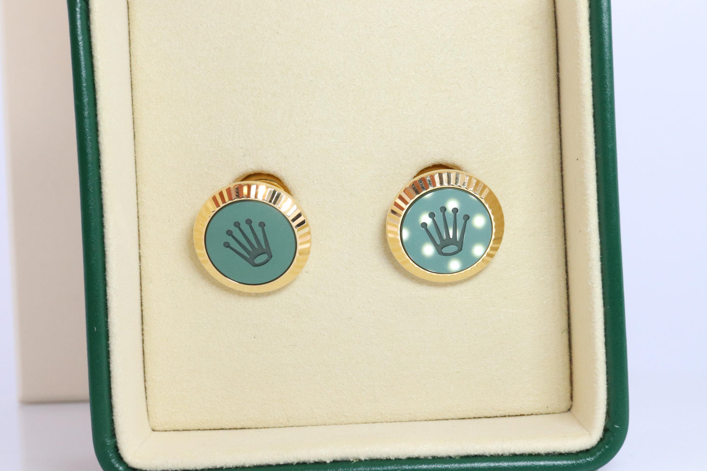 18k Rolex Cufflinks. 18k YG Green Cerachrom Fluted Bezel Round Cuffs.