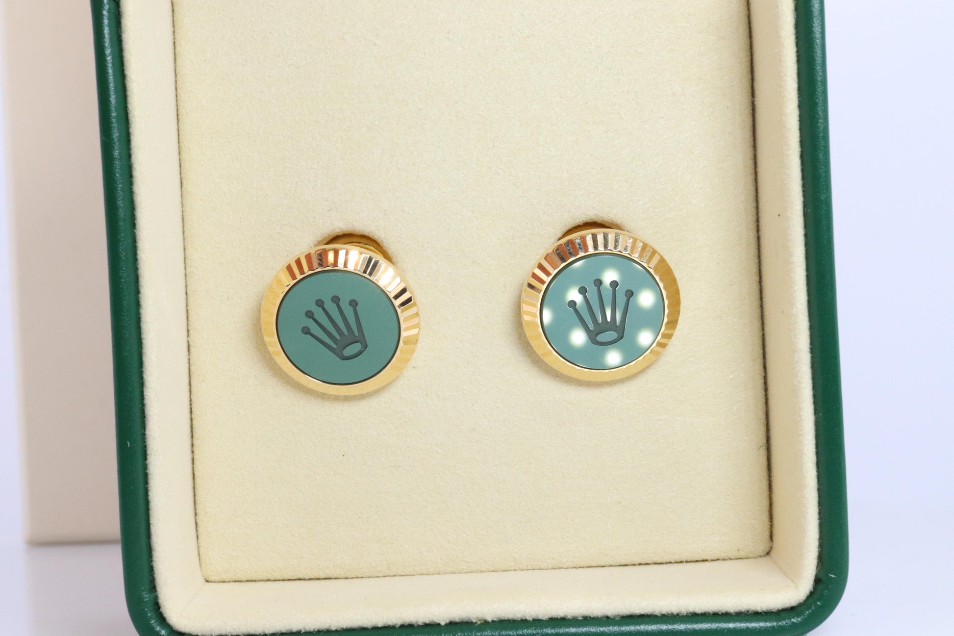 18k Rolex Cufflinks. 18k YG Green Cerachrom Fluted Bezel Round Cuffs.