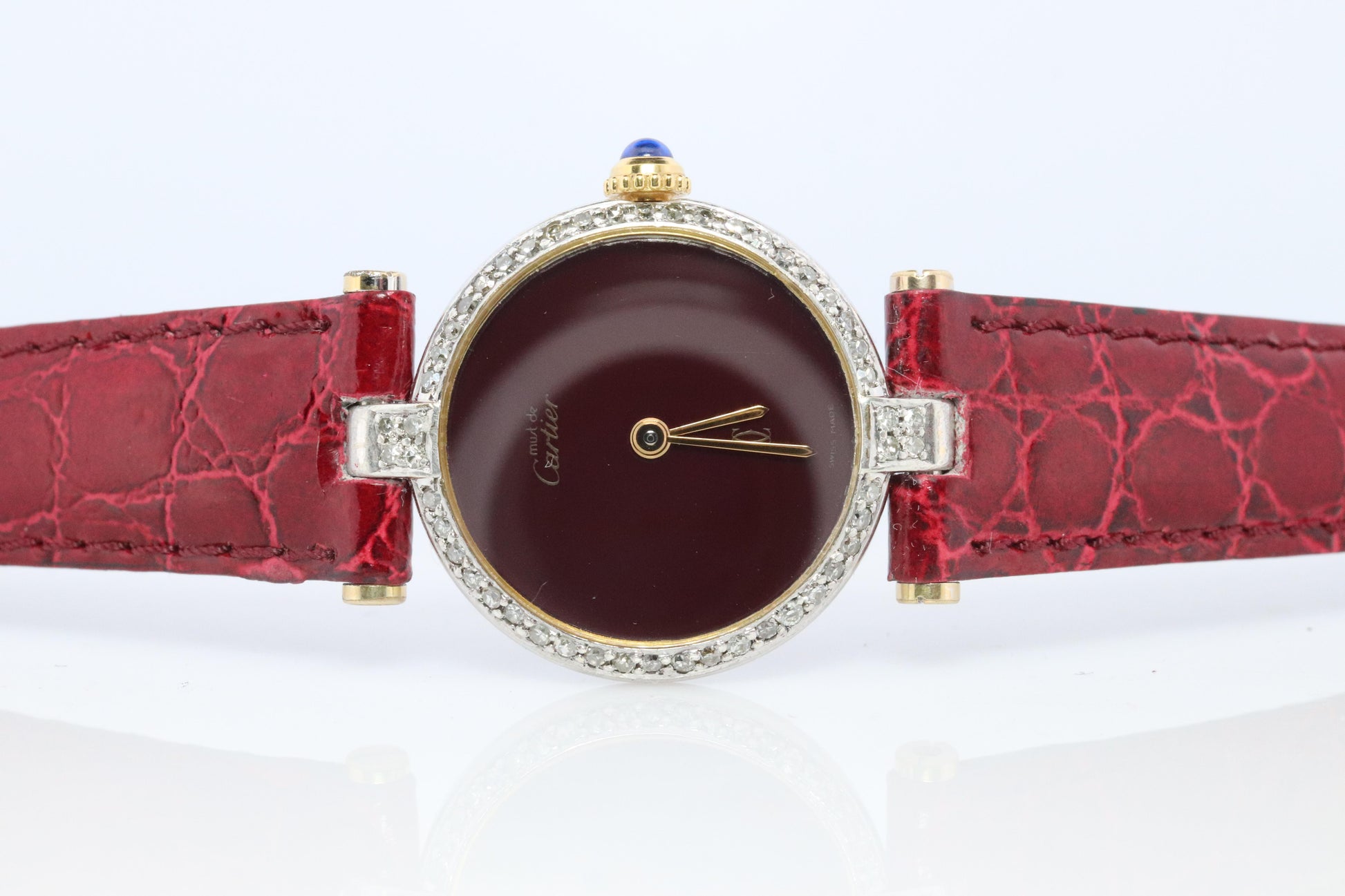 Genuine Cartier Diamond Watch. Must de Cartier Vendome Round Burgundy Dial
