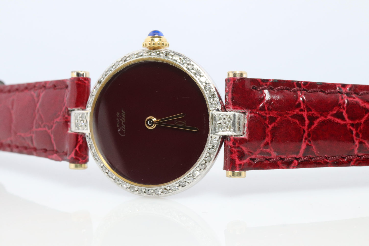 Genuine Cartier Diamond Watch. Must de Cartier Vendome Round Burgundy Dial
