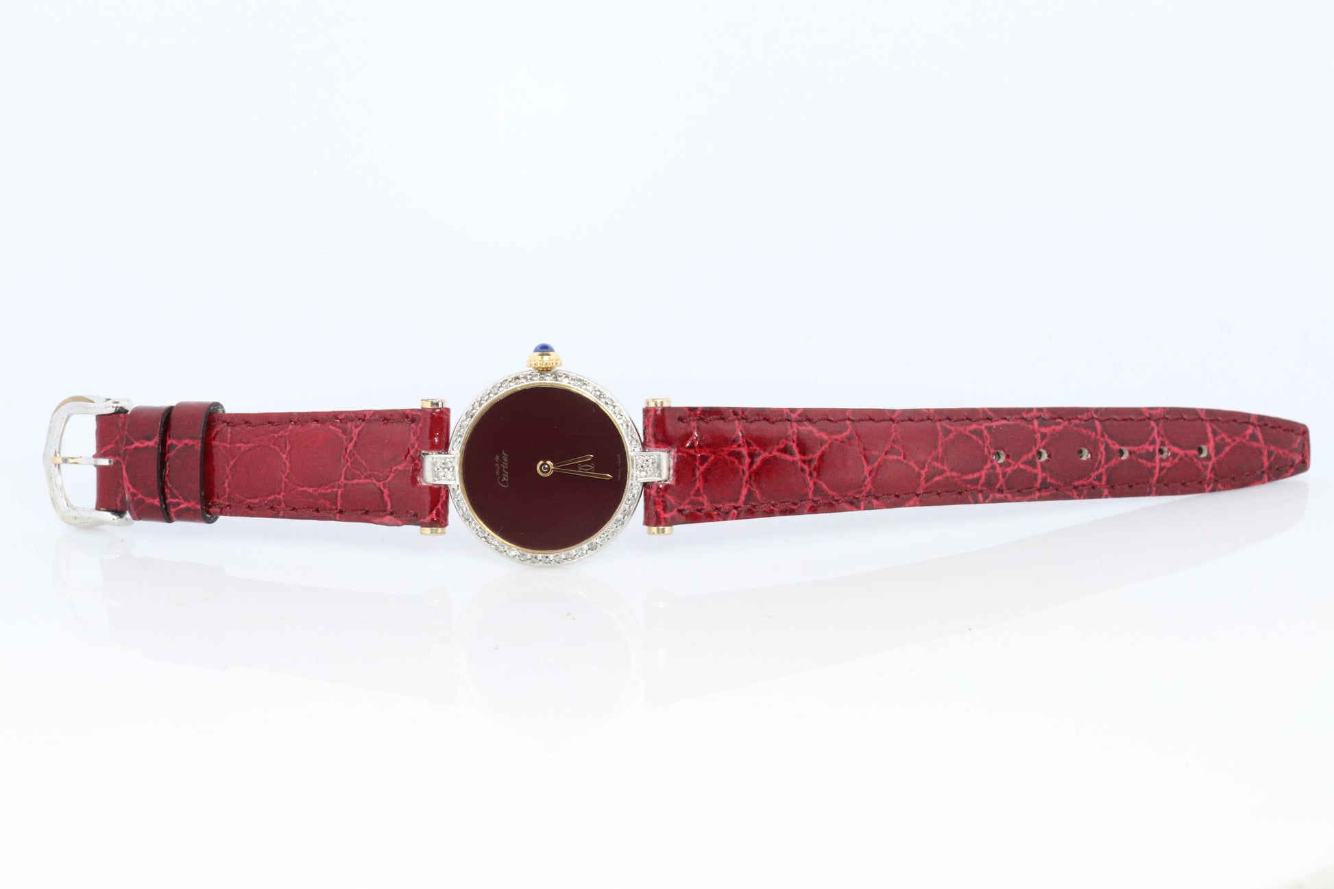 Genuine Cartier Diamond Watch. Must de Cartier Vendome Round Burgundy Dial