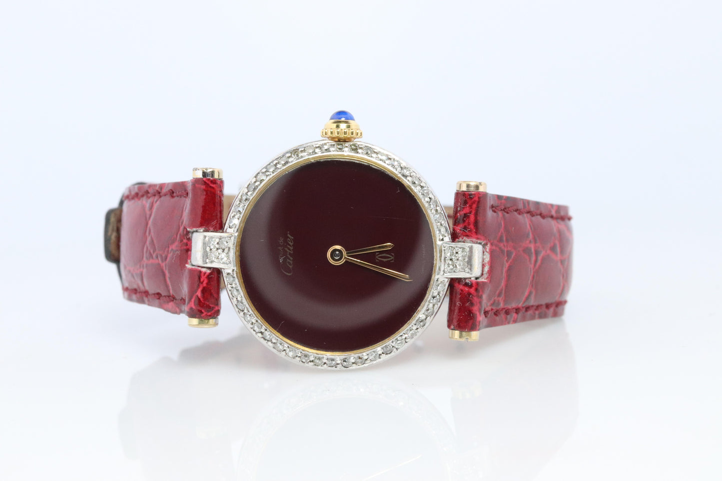 Genuine Cartier Diamond Watch. Must de Cartier Vendome Round Burgundy Dial