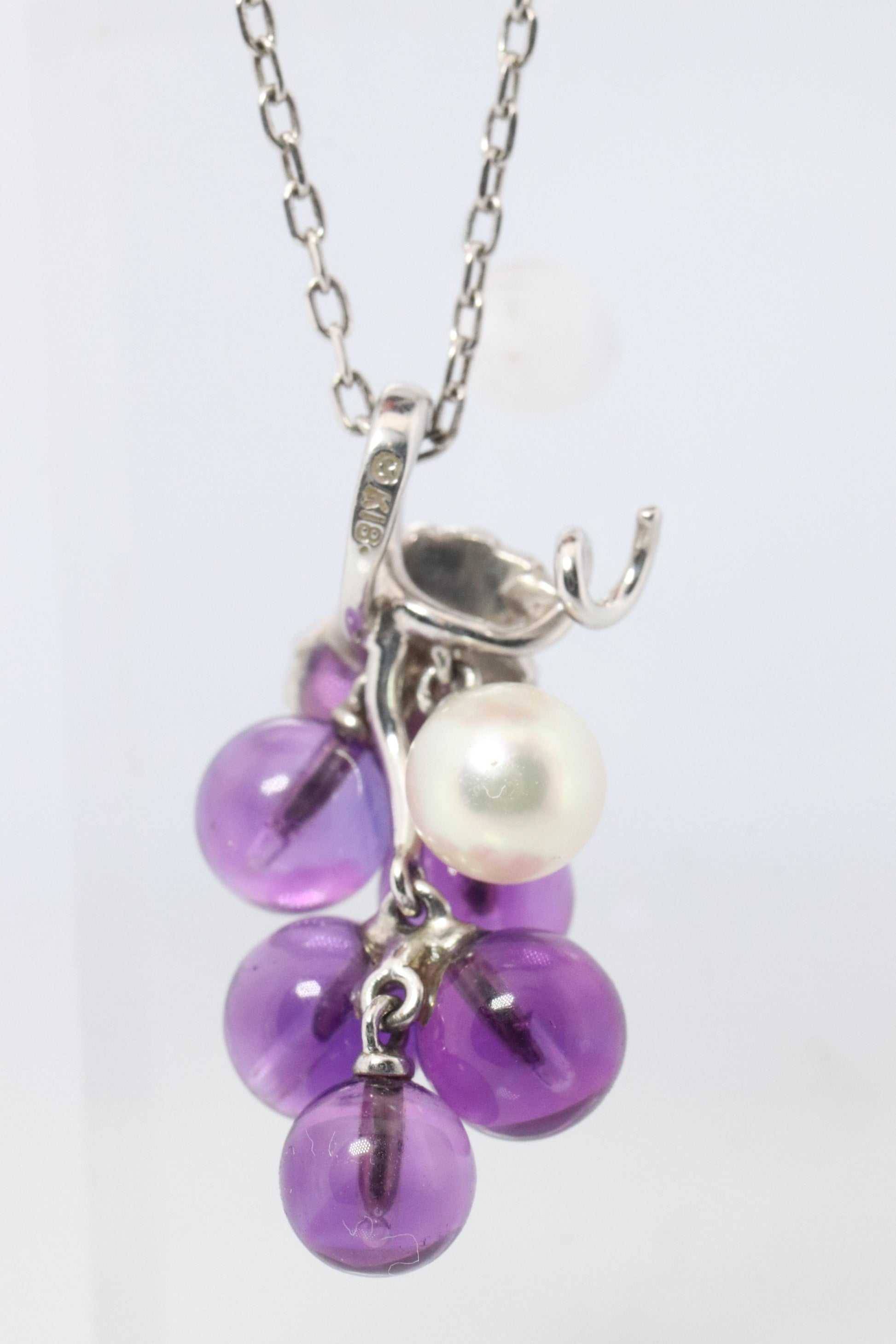 Mikimoto Necklace. Vintage 18k Gold Mikimoto Pearl Amethyst Grape Vine pendant.