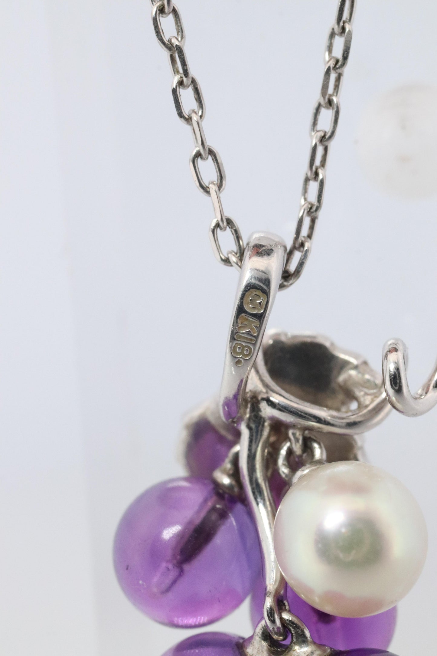 Mikimoto Necklace. Vintage 18k Gold Mikimoto Pearl Amethyst Grape Vine pendant.