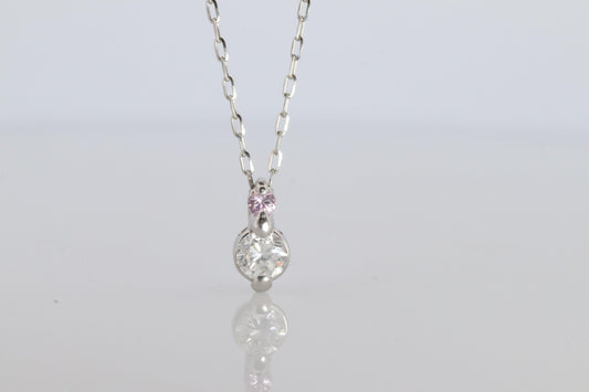 Large PT900 Diamond and Pink accent Pendant. Platinum Pt900 rolo necklace.